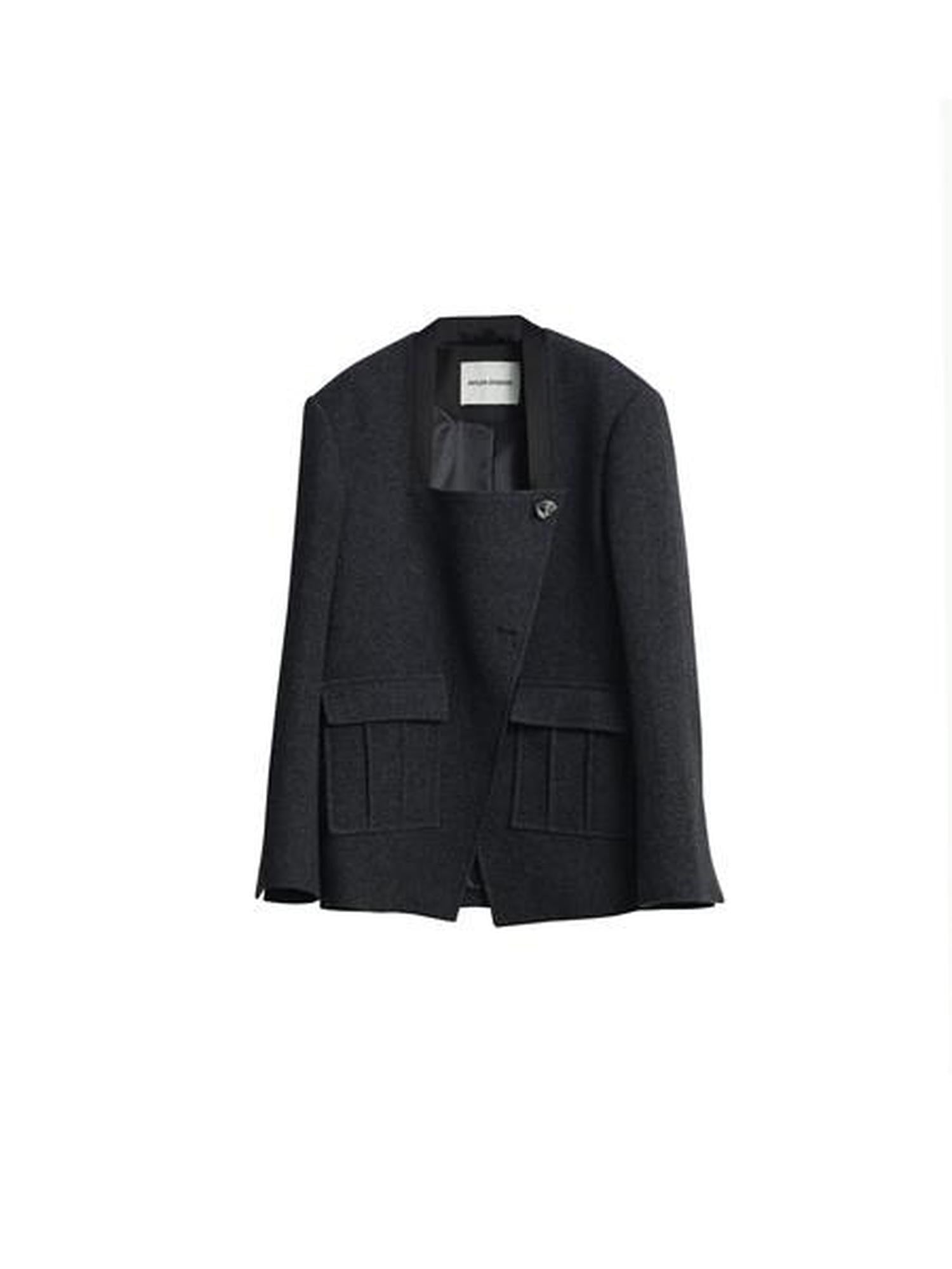 Jnylon studios Dark Gray Asymmetric Placket Pocket Boxy Wool Women's Casual Jackets
