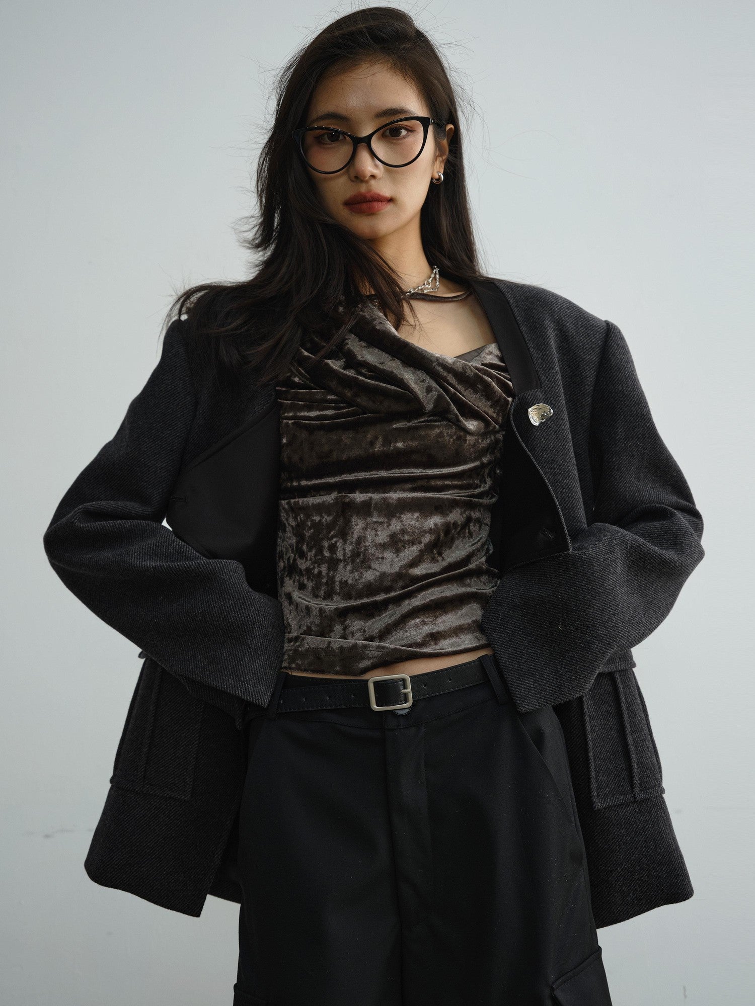 Jnylon studios Dark Gray Asymmetric Placket Pocket Boxy Wool Women's Casual Jackets