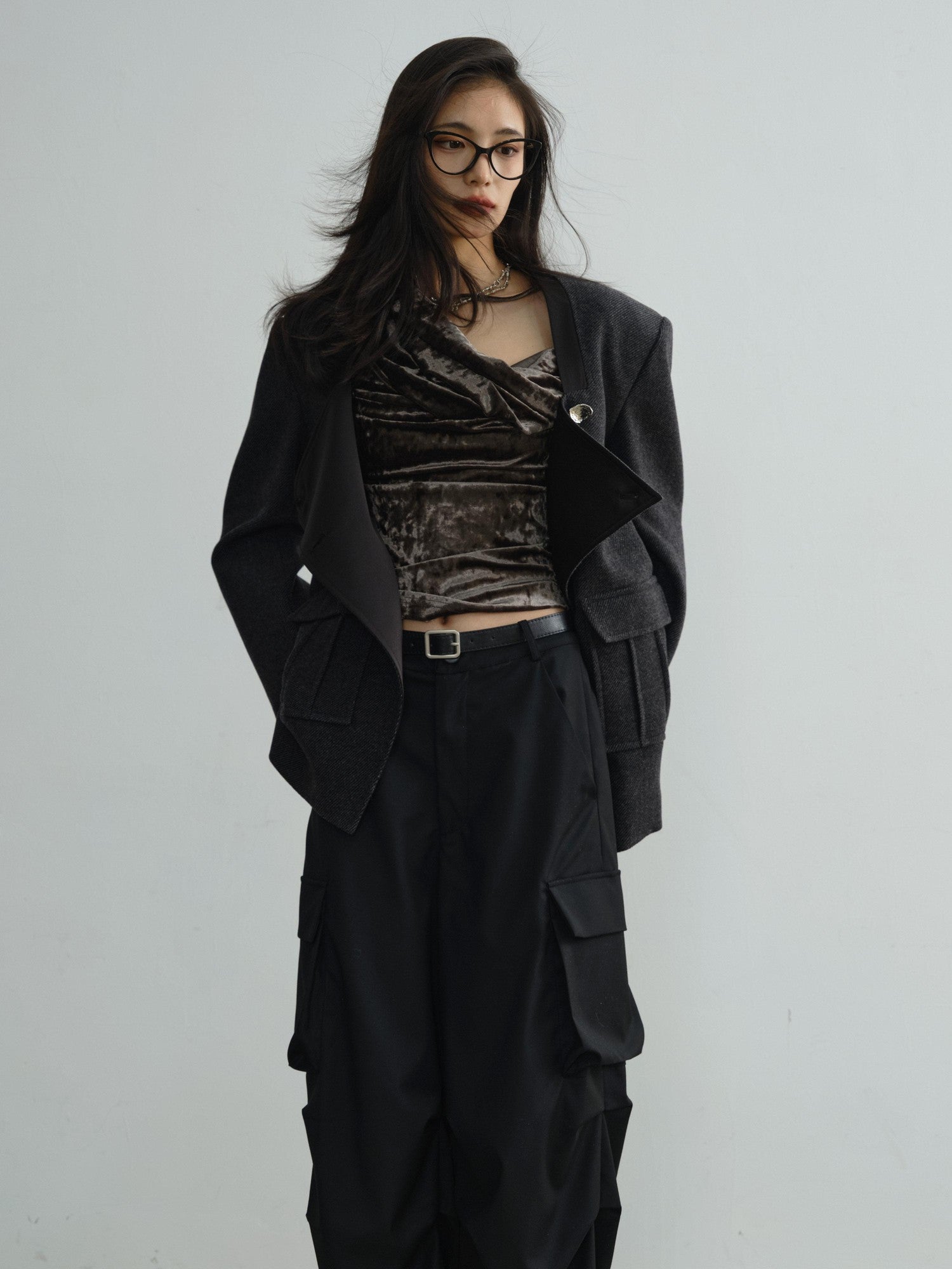 Jnylon studios Dark Gray Asymmetric Placket Pocket Boxy Wool Women's Casual Jackets