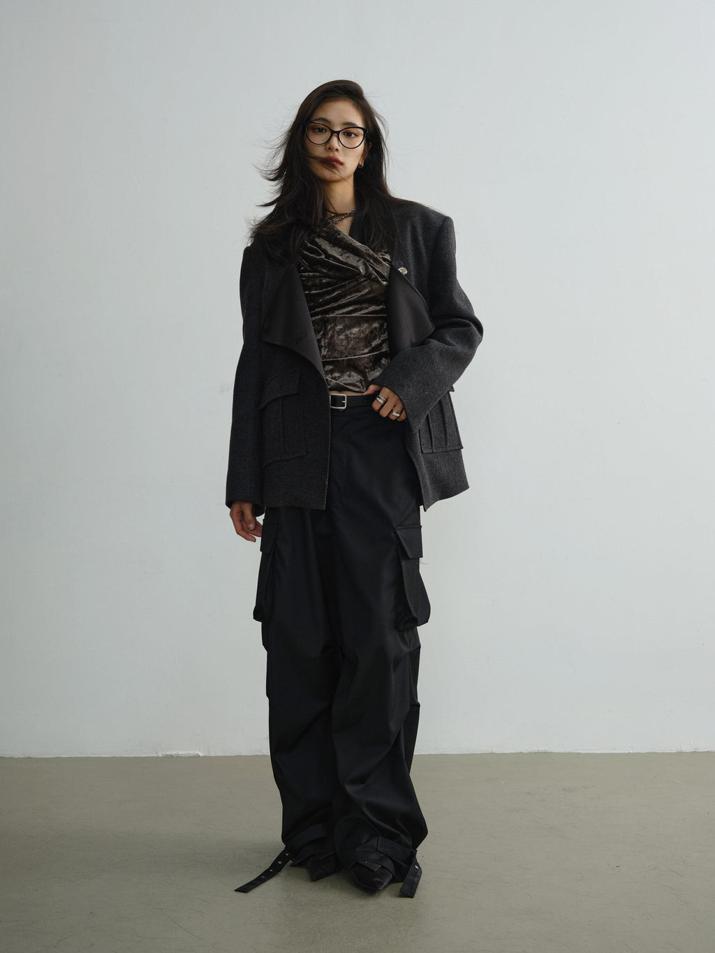 Jnylon studios Dark Gray Asymmetric Placket Pocket Boxy Wool Women's Casual Jackets