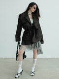 Jnylon studios Dark Gray Sculpted Pocket Cinched Waist Cropped Women's Trench Coats