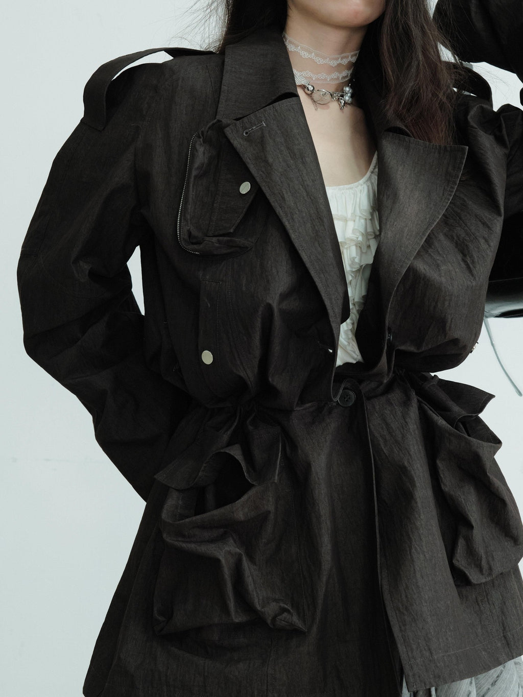 Jnylon studios Dark Gray Sculpted Pocket Cinched Waist Cropped Women's Trench Coats