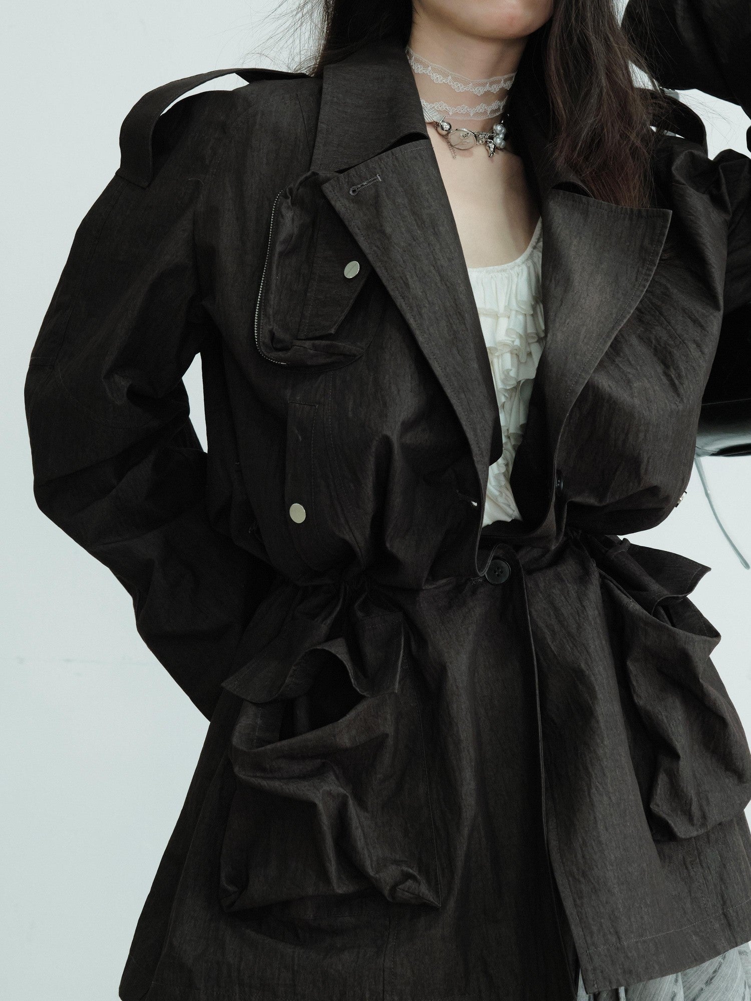 Jnylon studios Dark Gray Sculpted Pocket Cinched Waist Cropped Women's Trench Coats