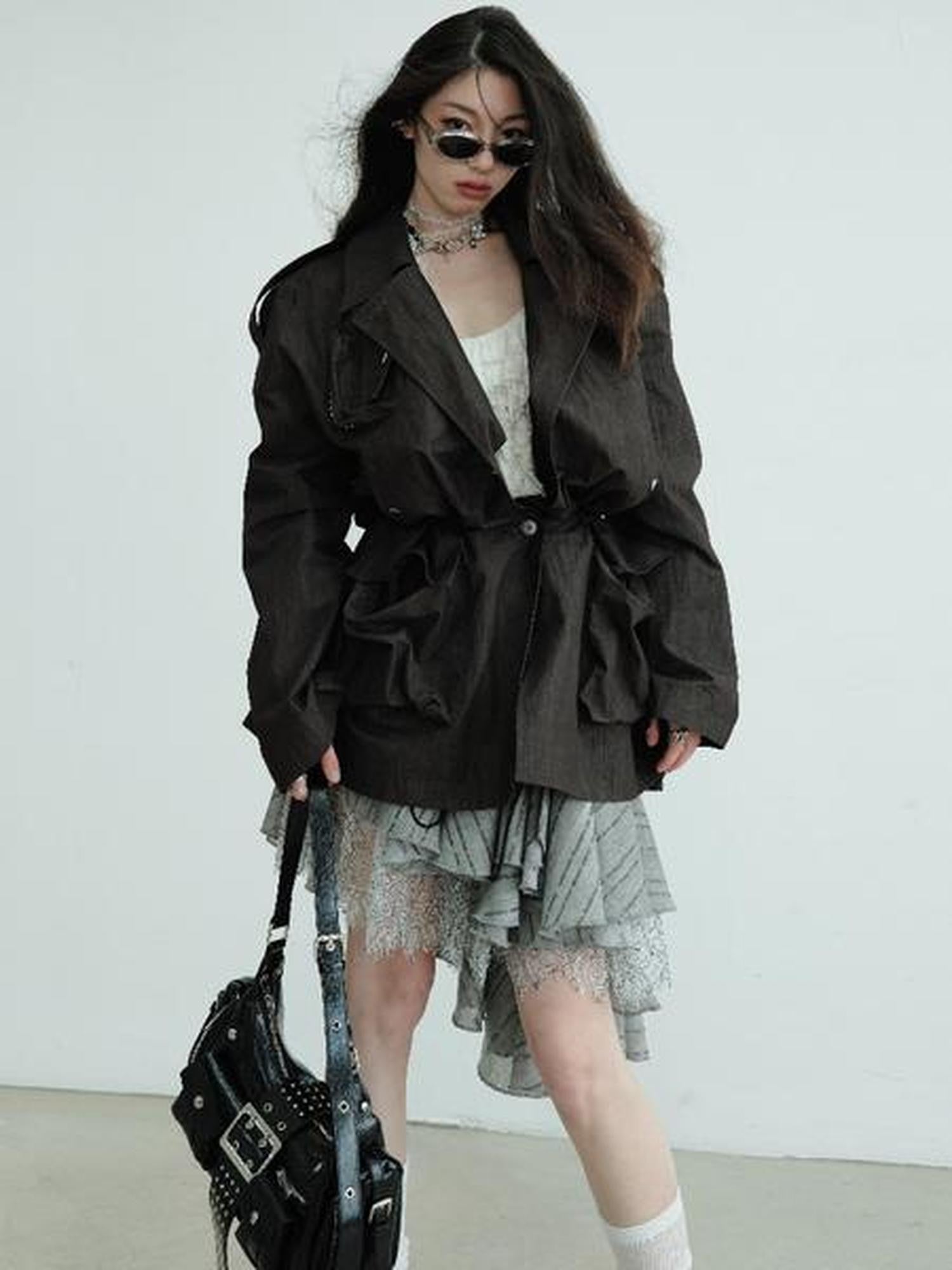 Jnylon studios Dark Gray Sculpted Pocket Cinched Waist Cropped Women's Trench Coats