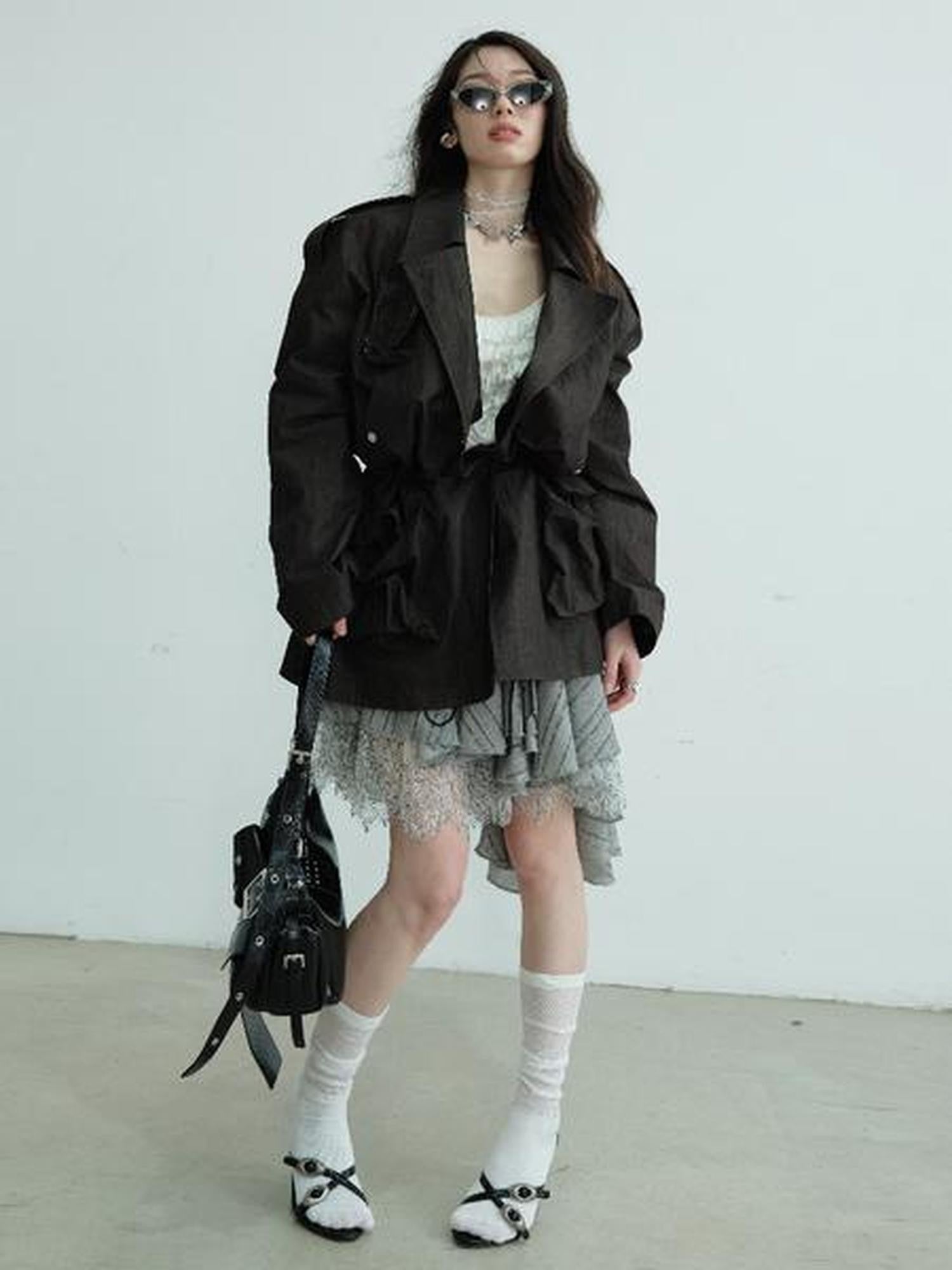 Jnylon studios Dark Gray Sculpted Pocket Cinched Waist Cropped Women's Trench Coats