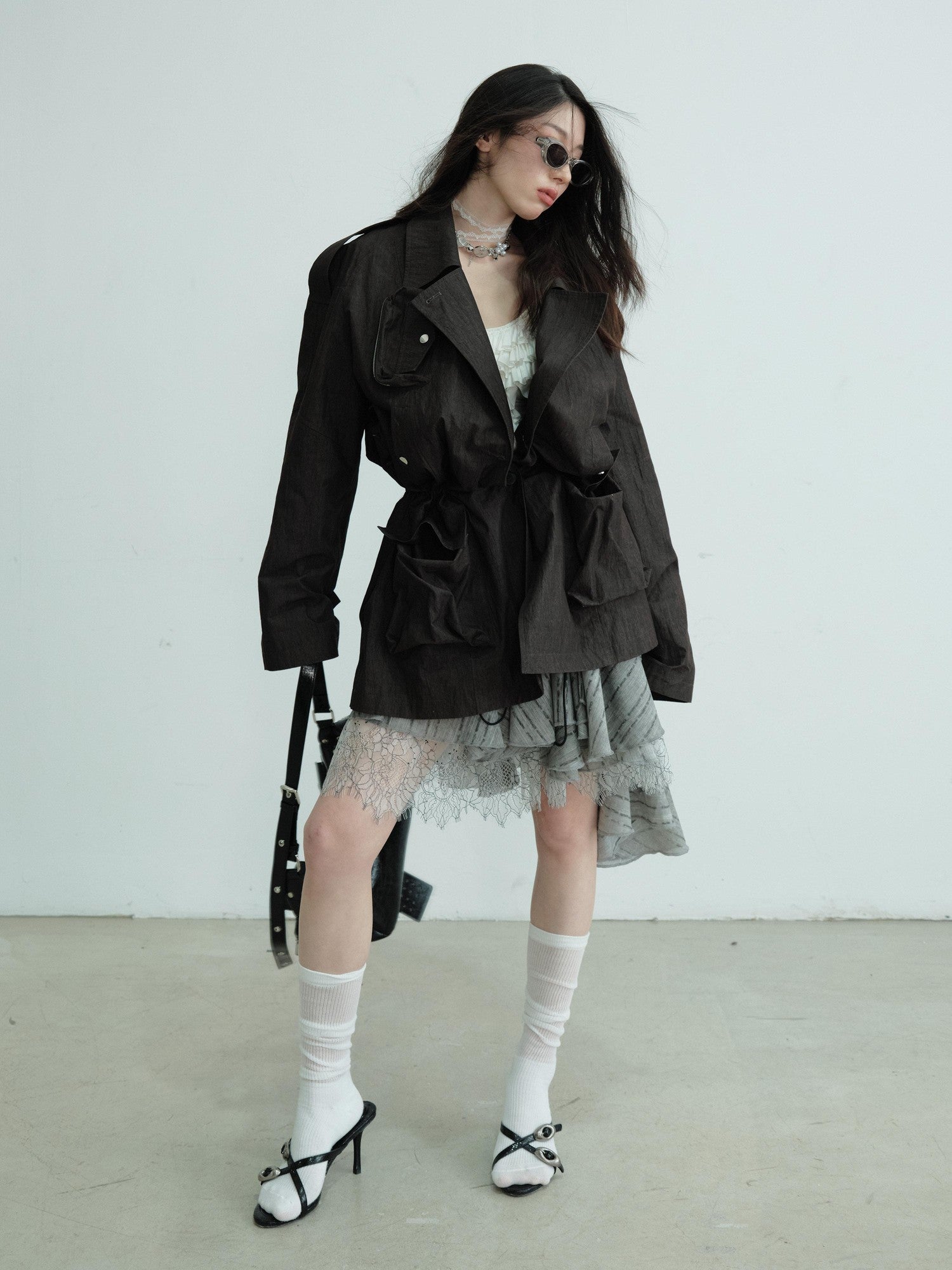 Jnylon studios Dark Gray Sculpted Pocket Cinched Waist Cropped Women's Trench Coats