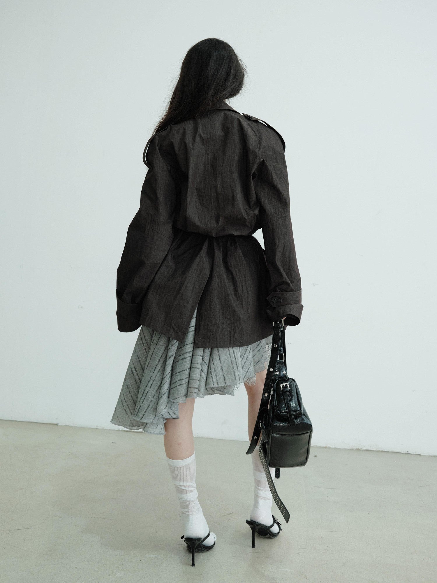 Jnylon studios Dark Gray Sculpted Pocket Cinched Waist Cropped Women's Trench Coats