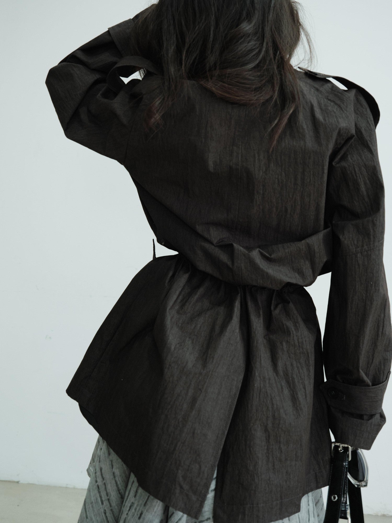 Jnylon studios Dark Gray Sculpted Pocket Cinched Waist Cropped Women's Trench Coats