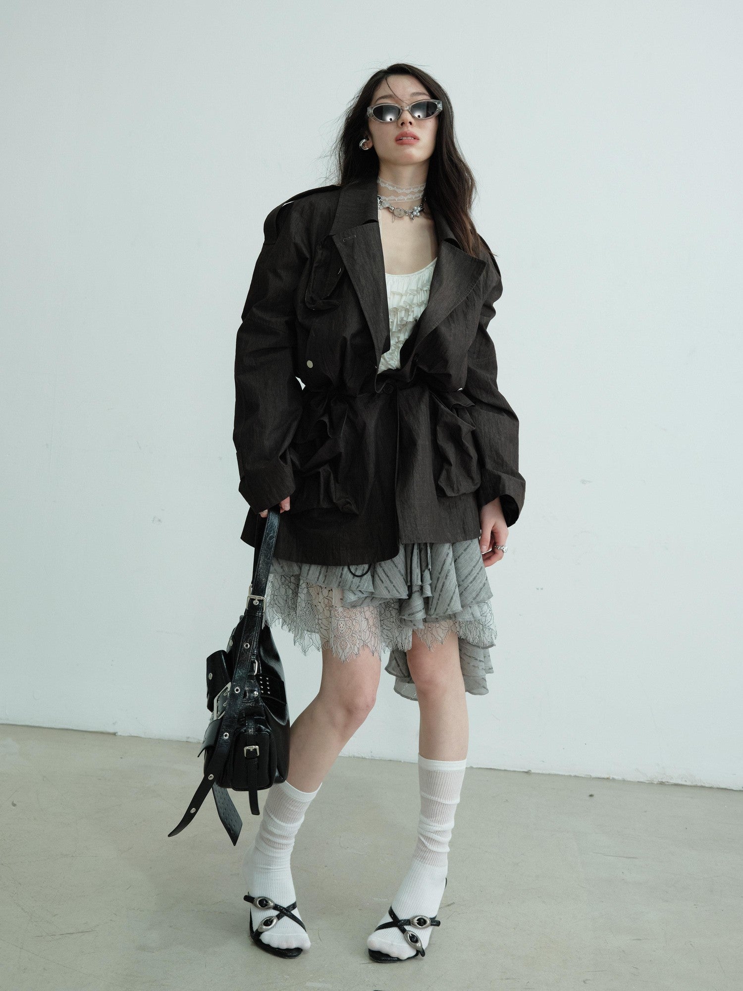 Jnylon studios Dark Gray Sculpted Pocket Cinched Waist Cropped Women's Trench Coats