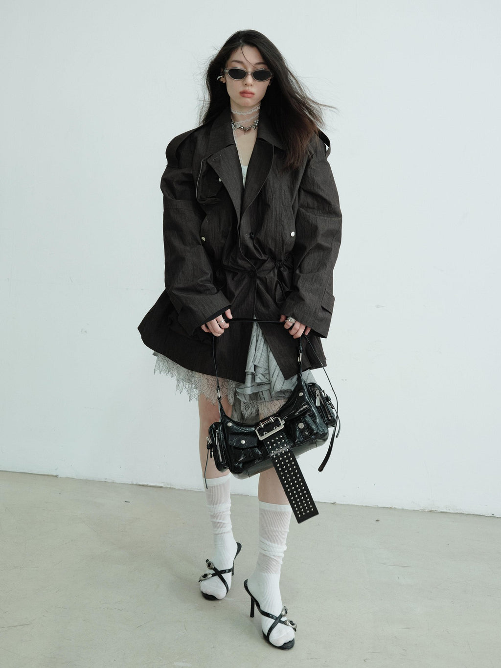 Jnylon studios Dark Gray Sculpted Pocket Cinched Waist Cropped Women's Trench Coats