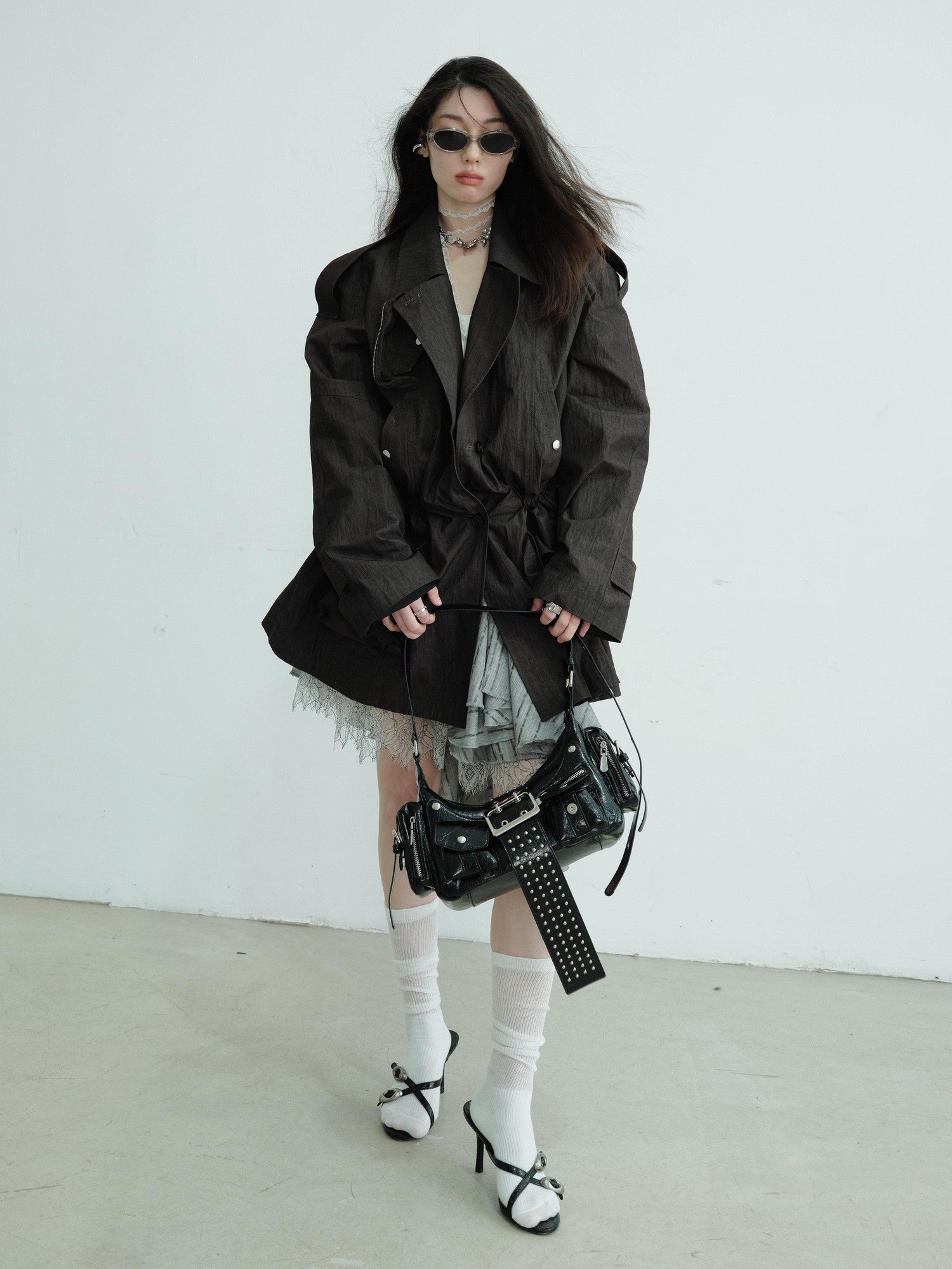 Jnylon studios Dark Gray Sculpted Pocket Cinched Waist Cropped Women's Trench Coats
