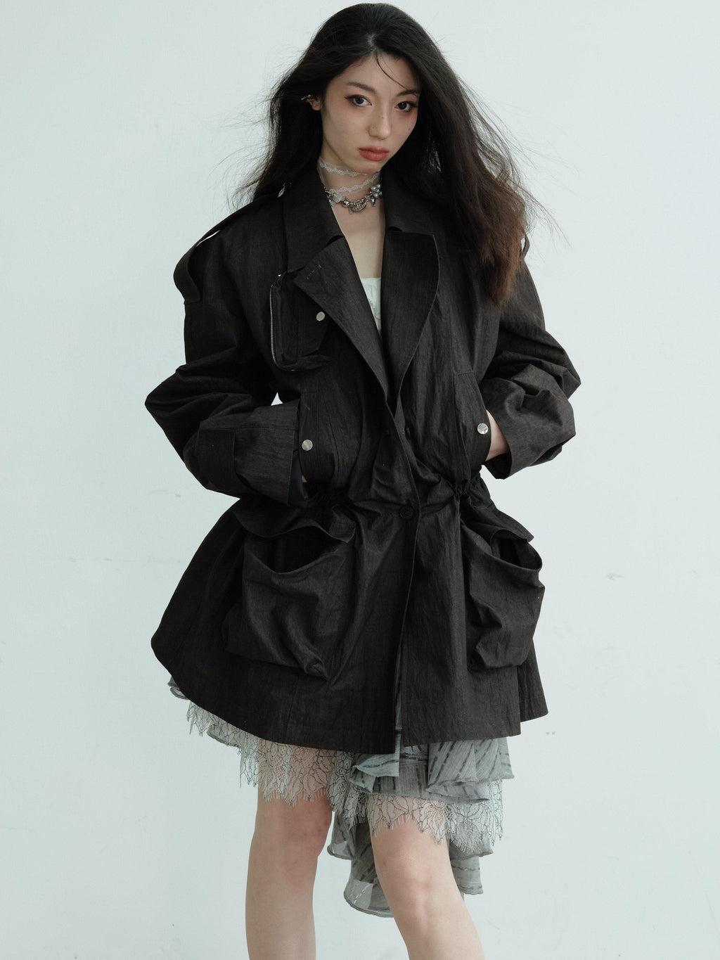 Jnylon studios Dark Gray Sculpted Pocket Cinched Waist Cropped Women's Trench Coats