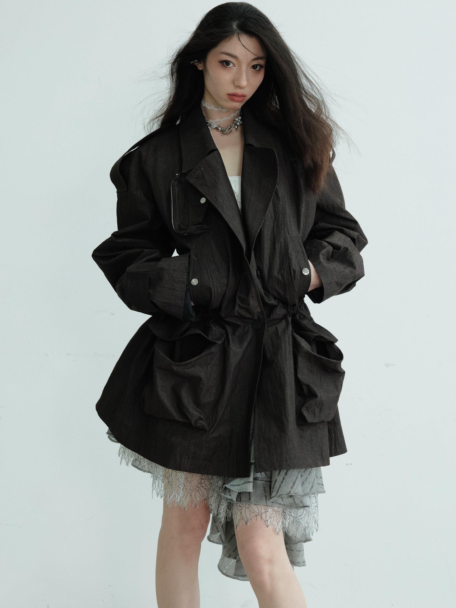 Jnylon studios Dark Gray Sculpted Pocket Cinched Waist Cropped Women's Trench Coats
