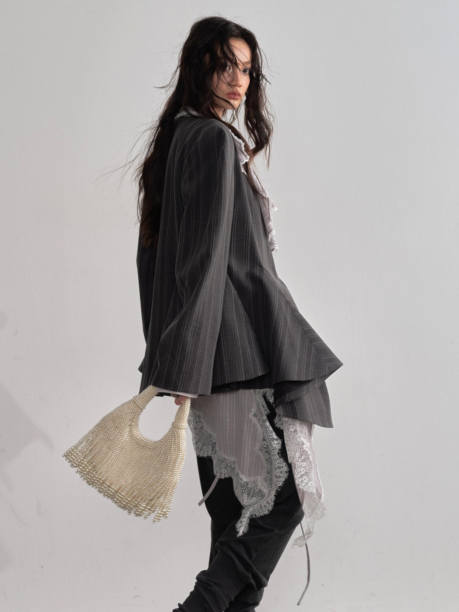 Jnylon studios Dark Gray Striped Asymmetrical Skirt Hem Buttoned Structured Women's Blazers