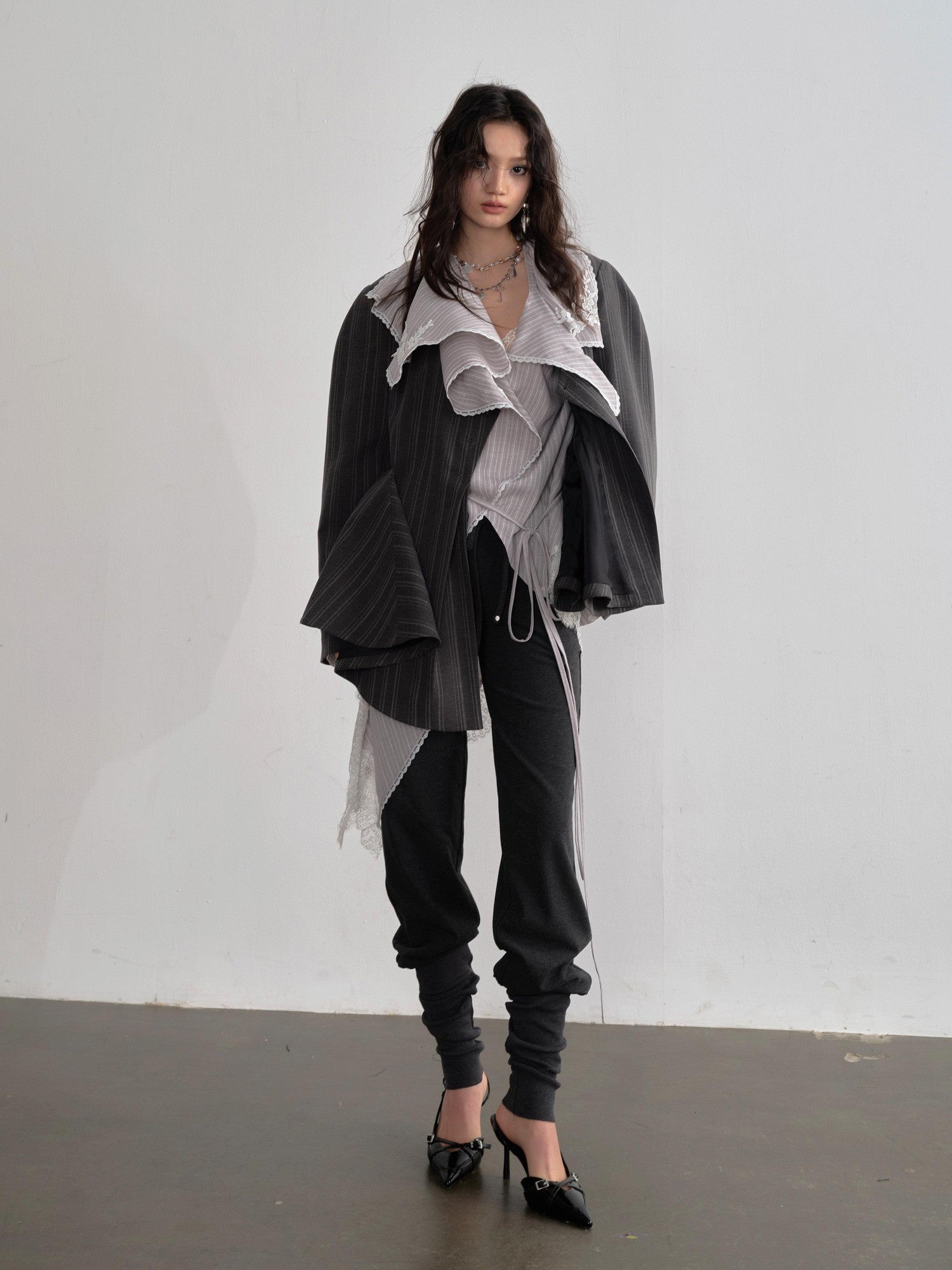 Jnylon studios Dark Gray Striped Asymmetrical Skirt Hem Buttoned Structured Women's Blazers