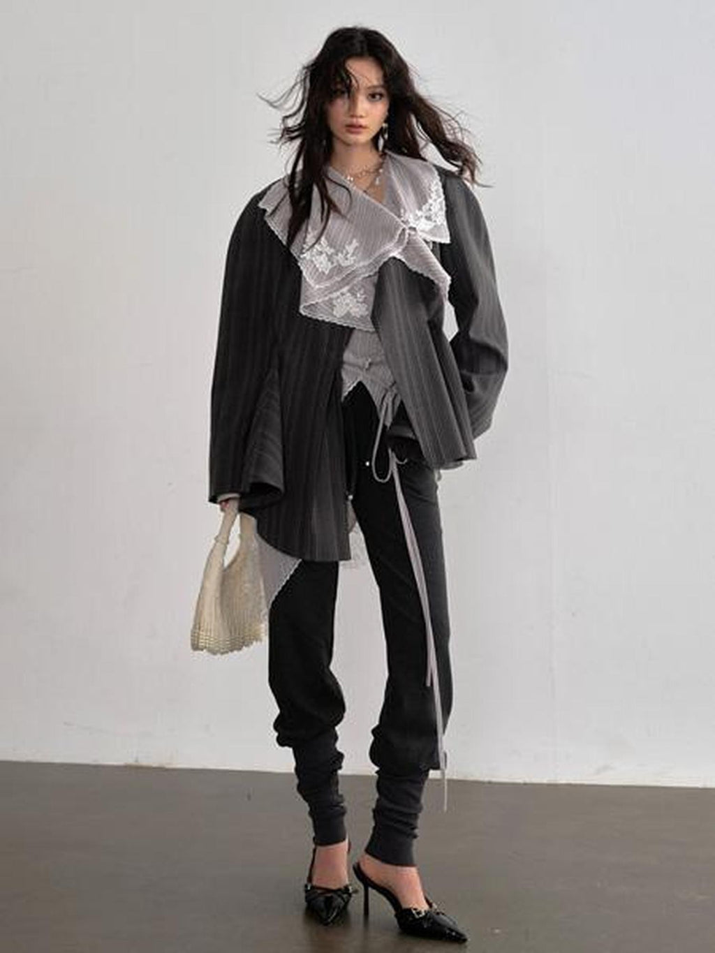 Jnylon studios Dark Gray Striped Asymmetrical Skirt Hem Buttoned Structured Women's Blazers