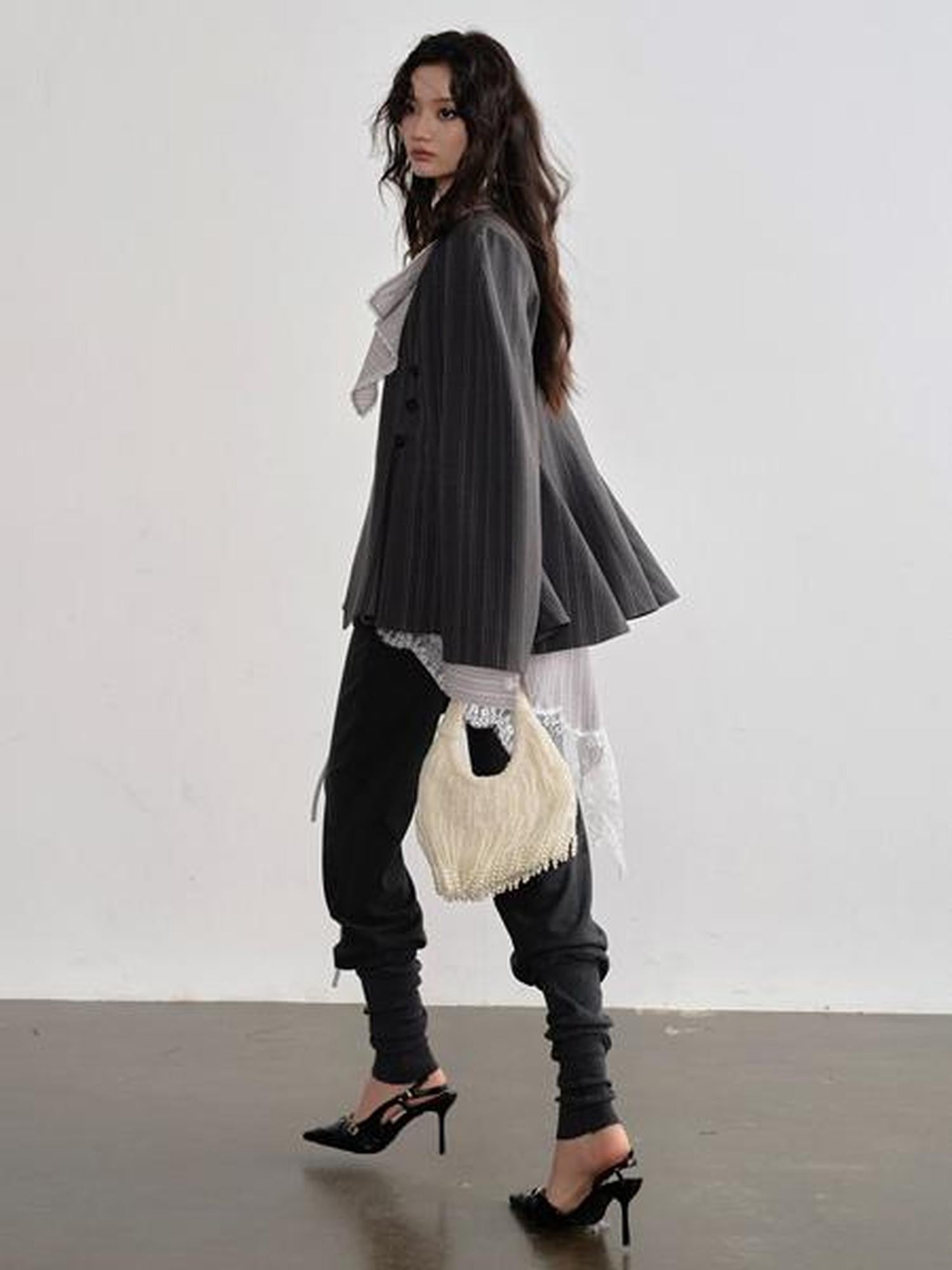 Jnylon studios Dark Gray Striped Asymmetrical Skirt Hem Buttoned Structured Women's Blazers