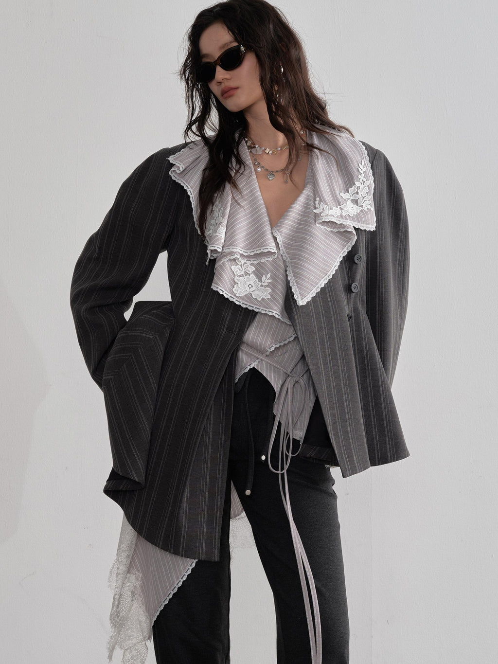 Jnylon studios Dark Gray Striped Asymmetrical Skirt Hem Buttoned Structured Women's Blazers