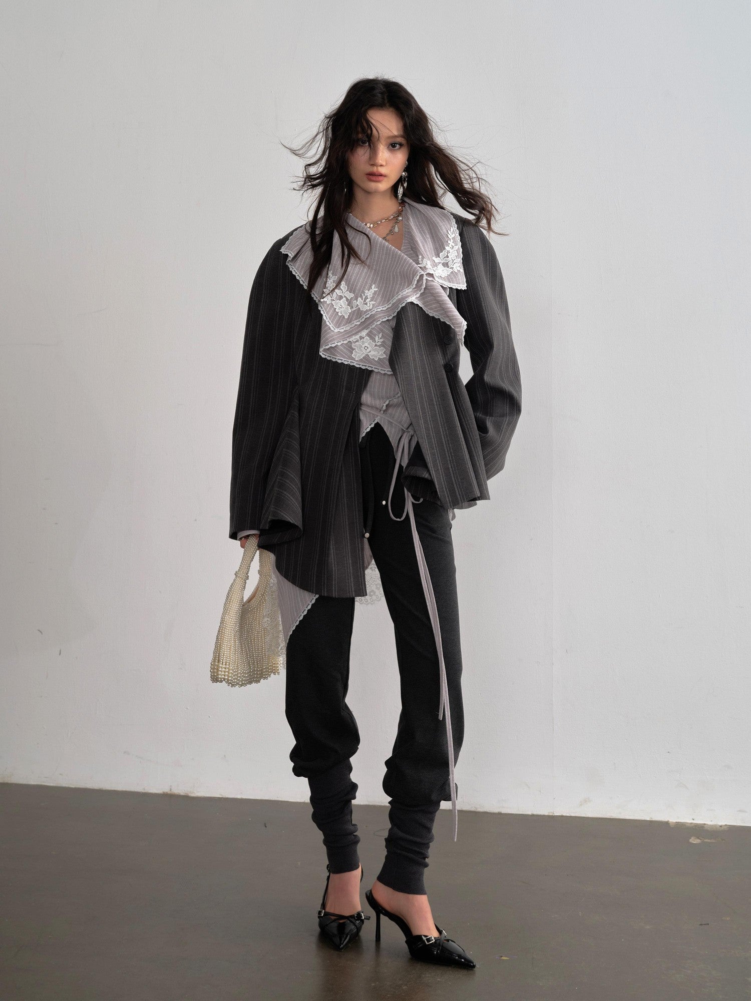 Jnylon studios Dark Gray Striped Asymmetrical Skirt Hem Buttoned Structured Women's Blazers