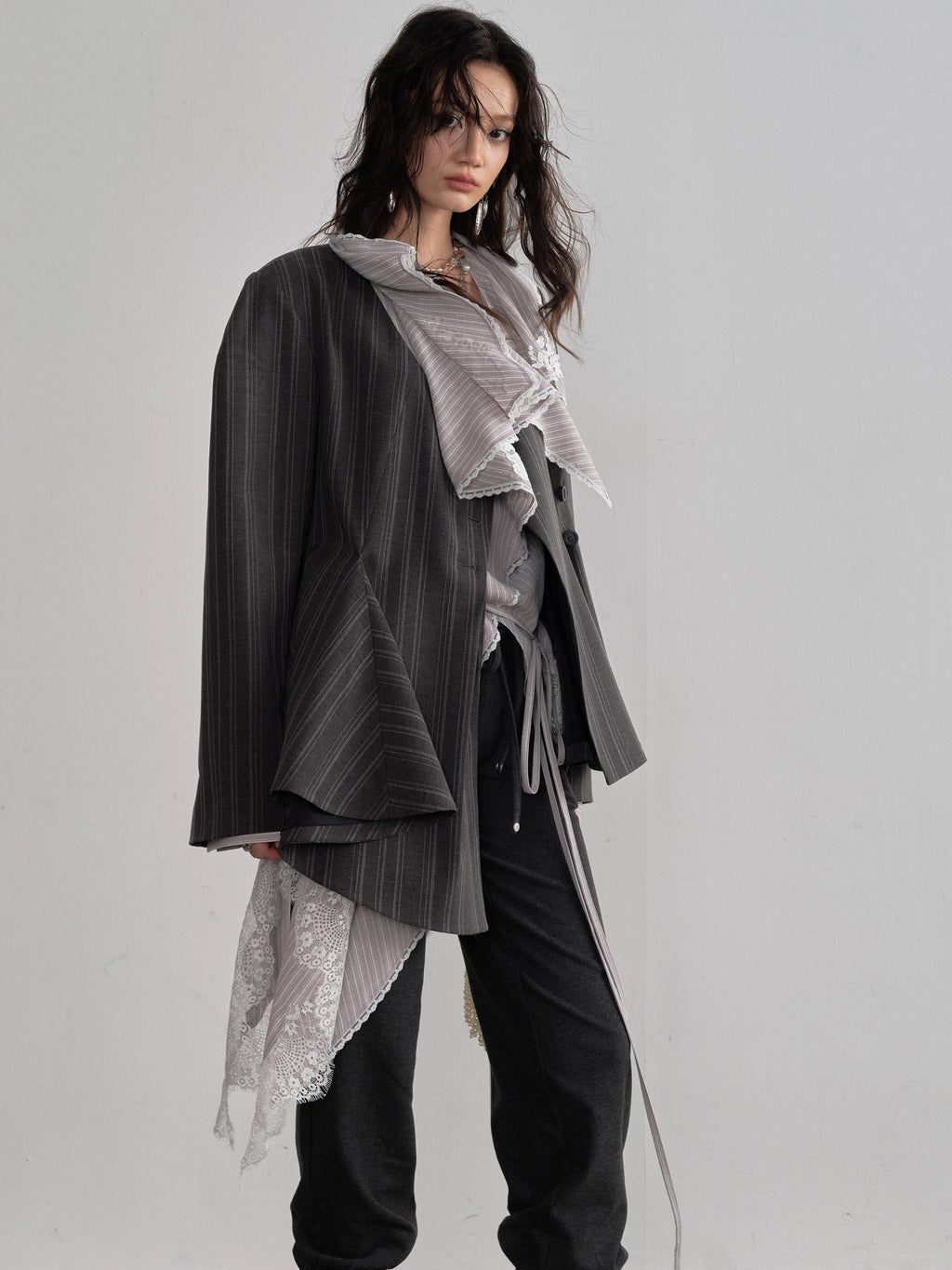 Jnylon studios Dark Gray Striped Asymmetrical Skirt Hem Buttoned Structured Women's Blazers