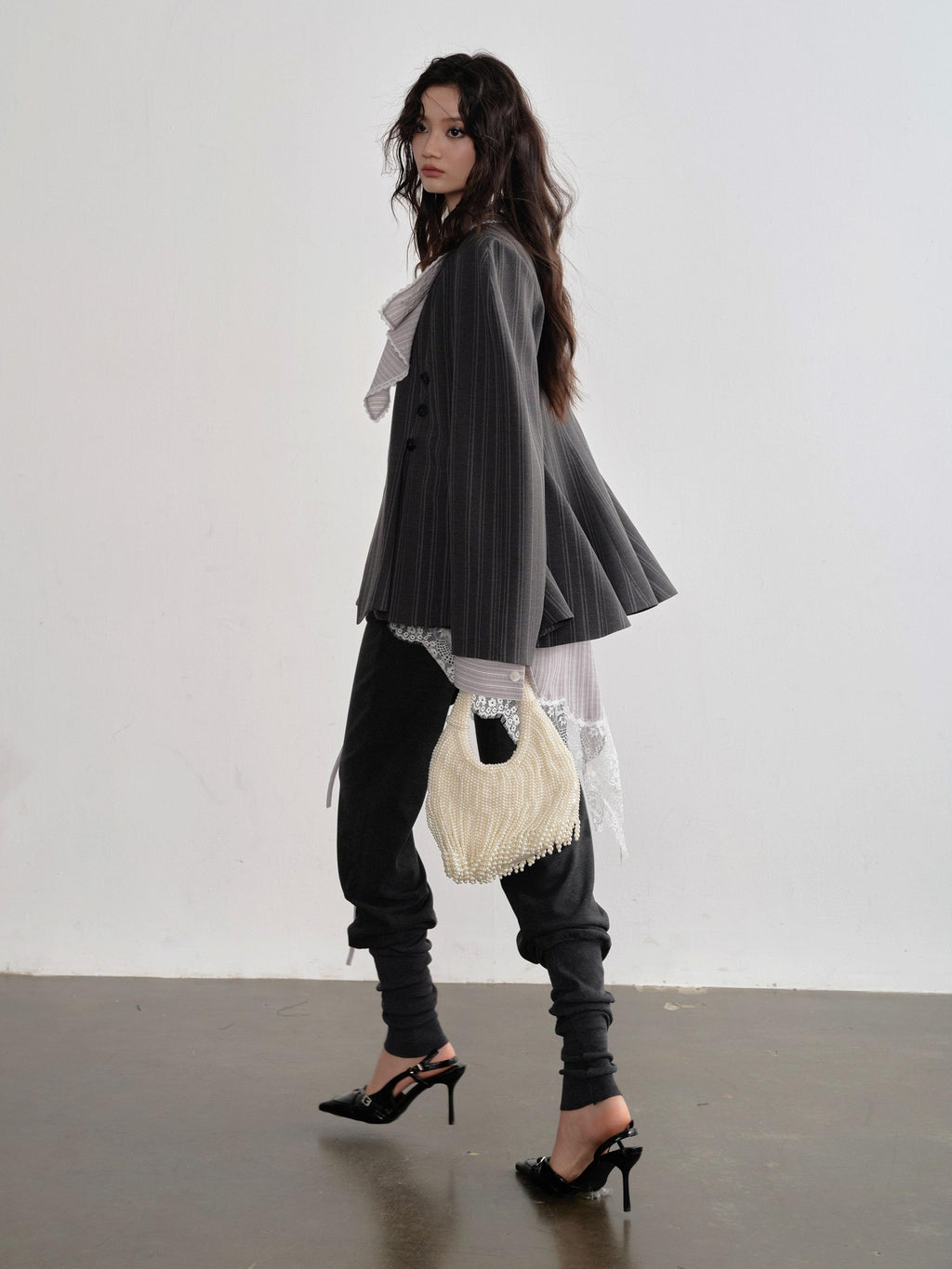 Jnylon studios Dark Gray Striped Asymmetrical Skirt Hem Buttoned Structured Women's Blazers