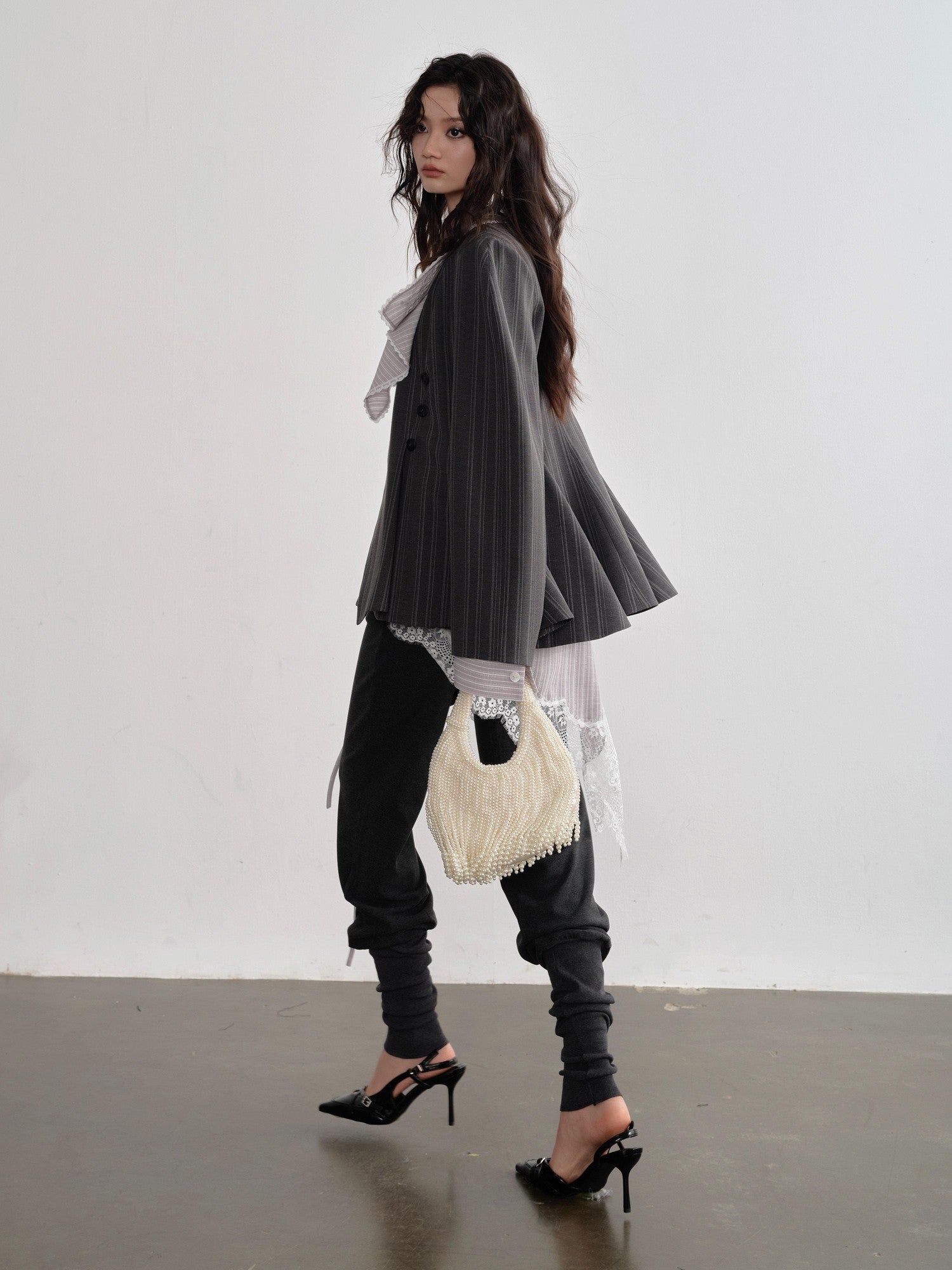 Jnylon studios Dark Gray Striped Asymmetrical Skirt Hem Buttoned Structured Women's Blazers