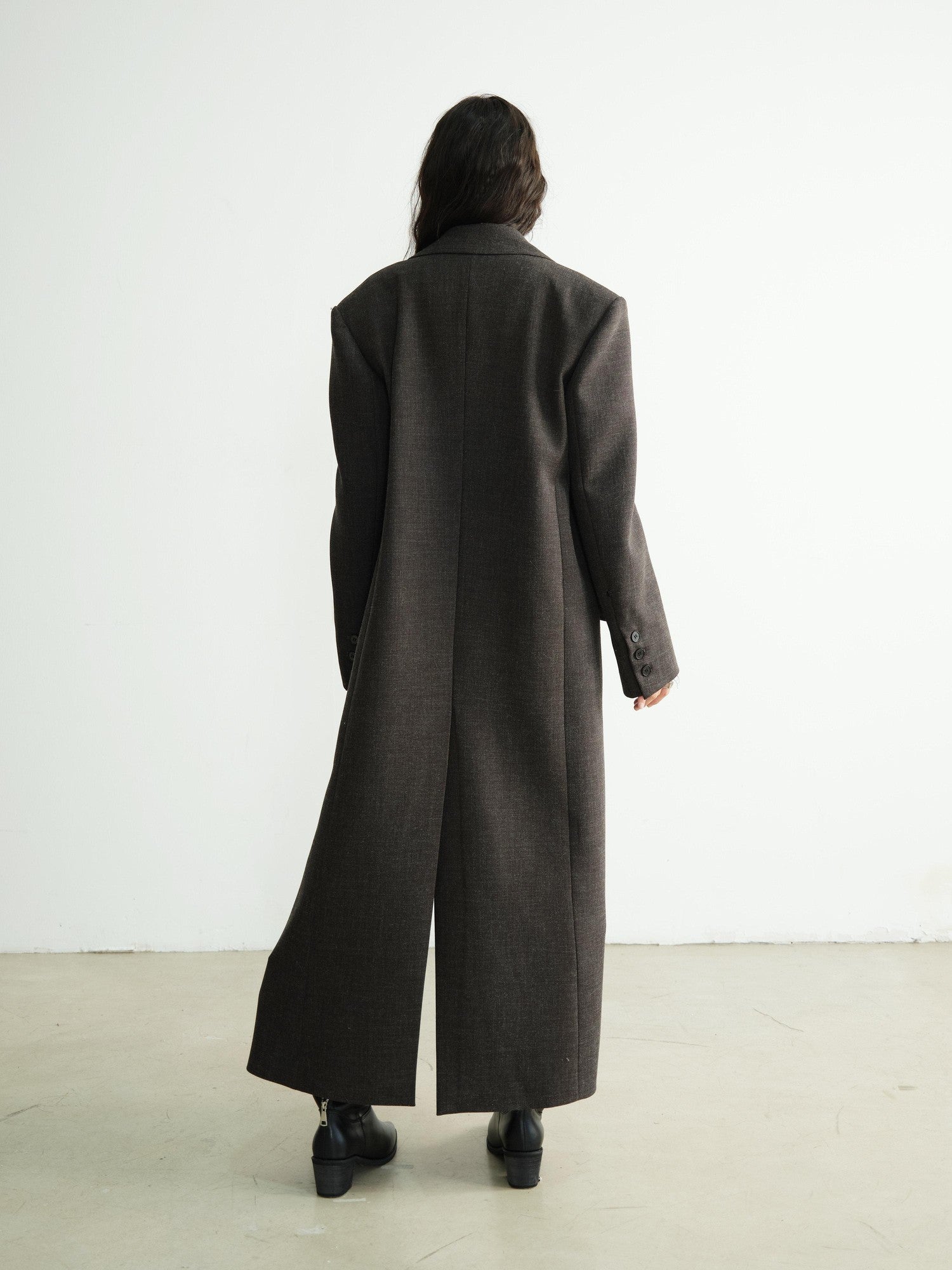 Jnylon studios Dark Gray Striped Removable Fur Collar Mid Length Women's Polyester Blazers