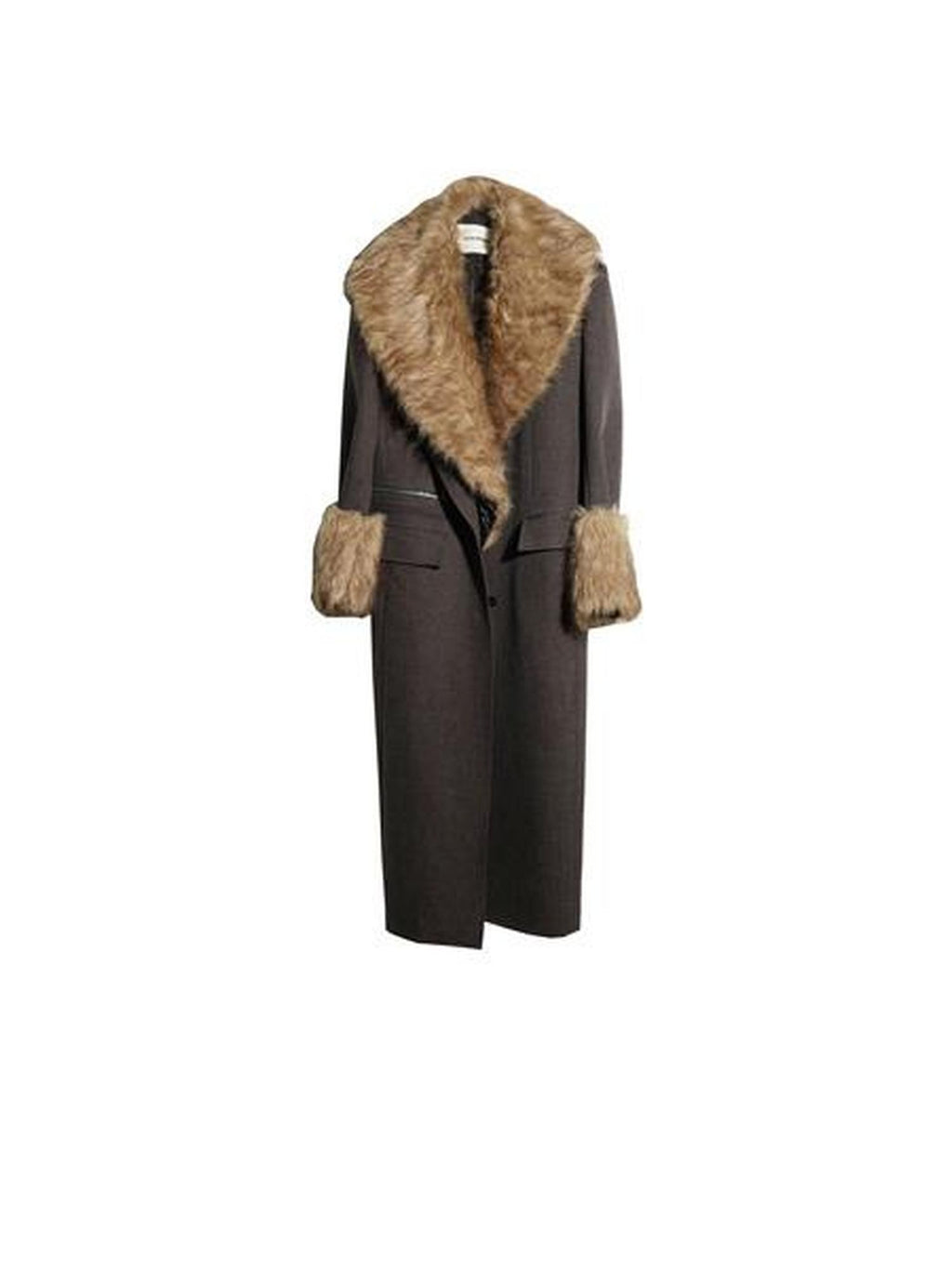 Jnylon studios Dark Gray Striped Removable Fur Collar Mid Length Women's Polyester Blazers
