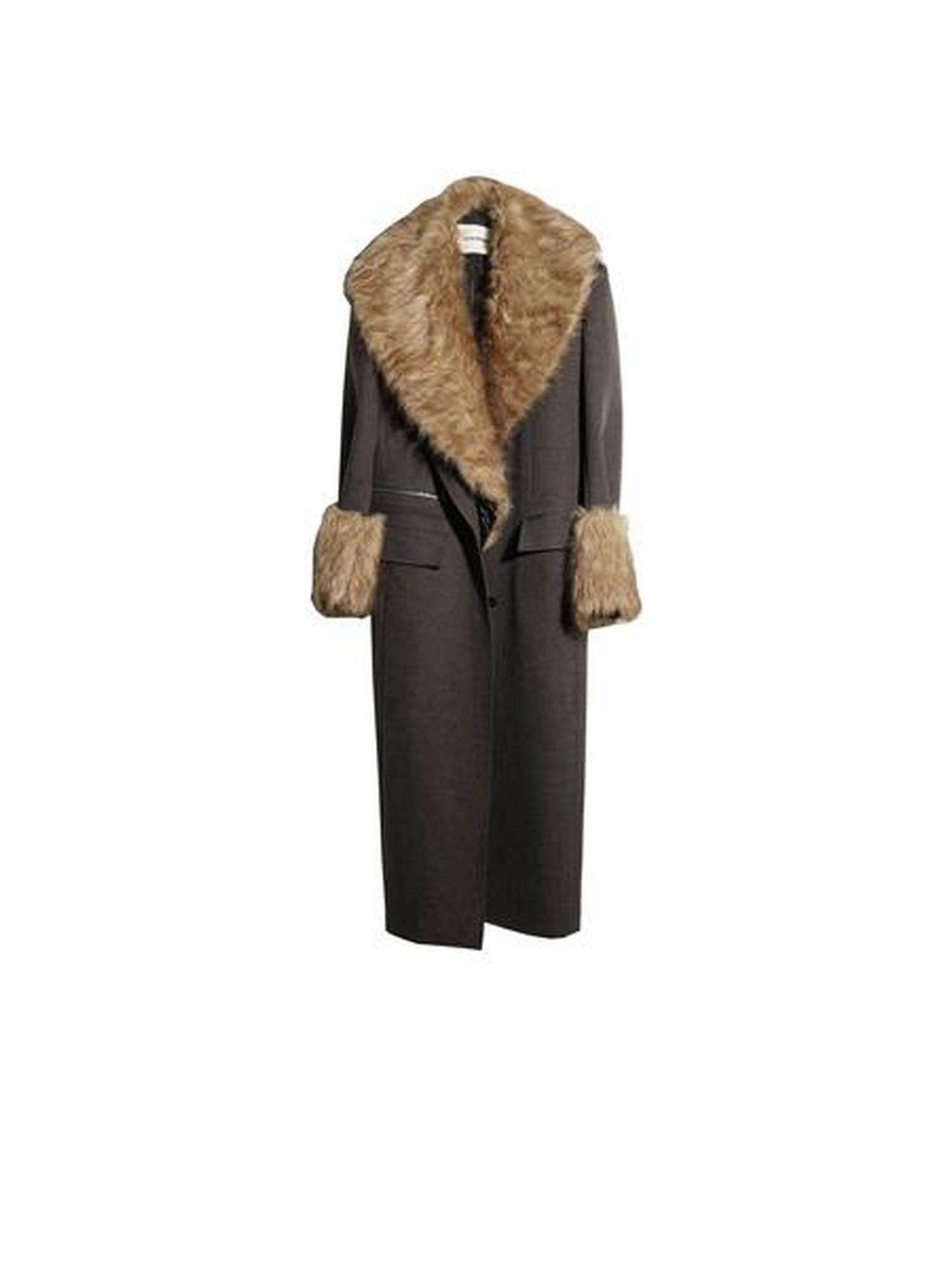Jnylon studios Dark Gray Striped Removable Fur Collar Mid Length Women's Polyester Blazers