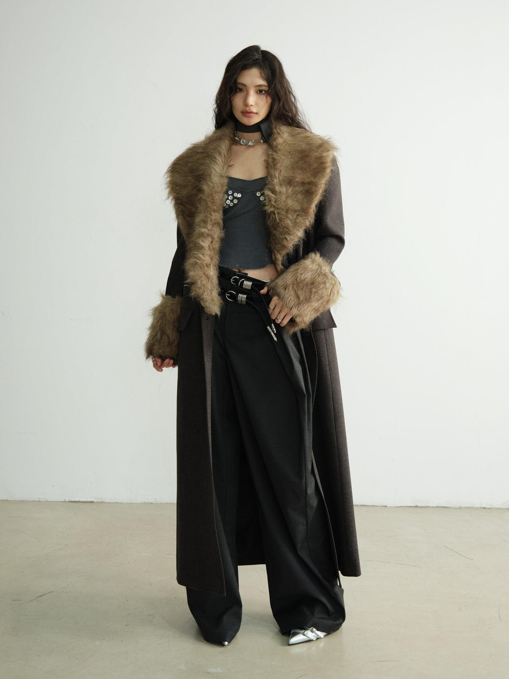 Jnylon studios Dark Gray Striped Removable Fur Collar Mid Length Women's Polyester Blazers