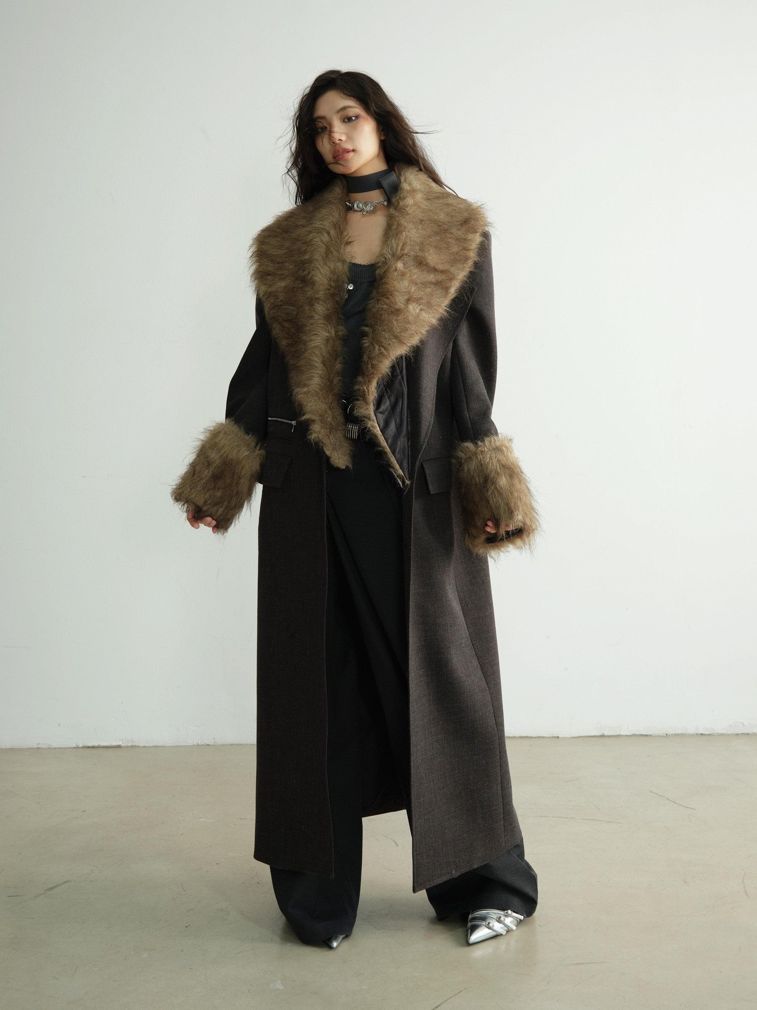 Jnylon studios Dark Gray Striped Removable Fur Collar Mid Length Women's Polyester Blazers