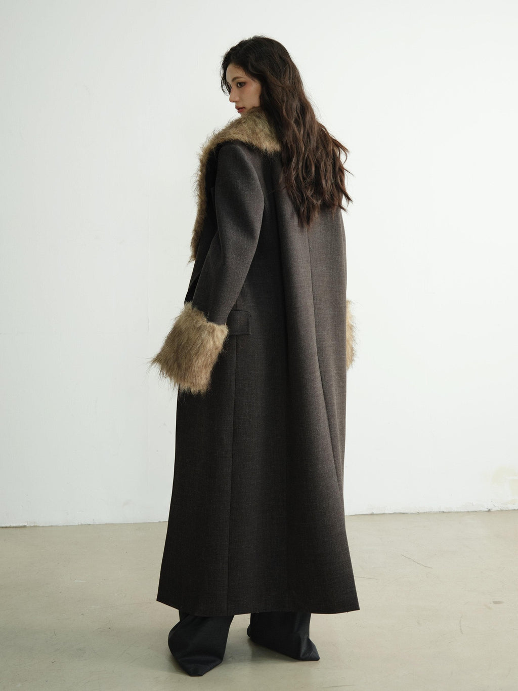 Jnylon studios Dark Gray Striped Removable Fur Collar Mid Length Women's Polyester Blazers