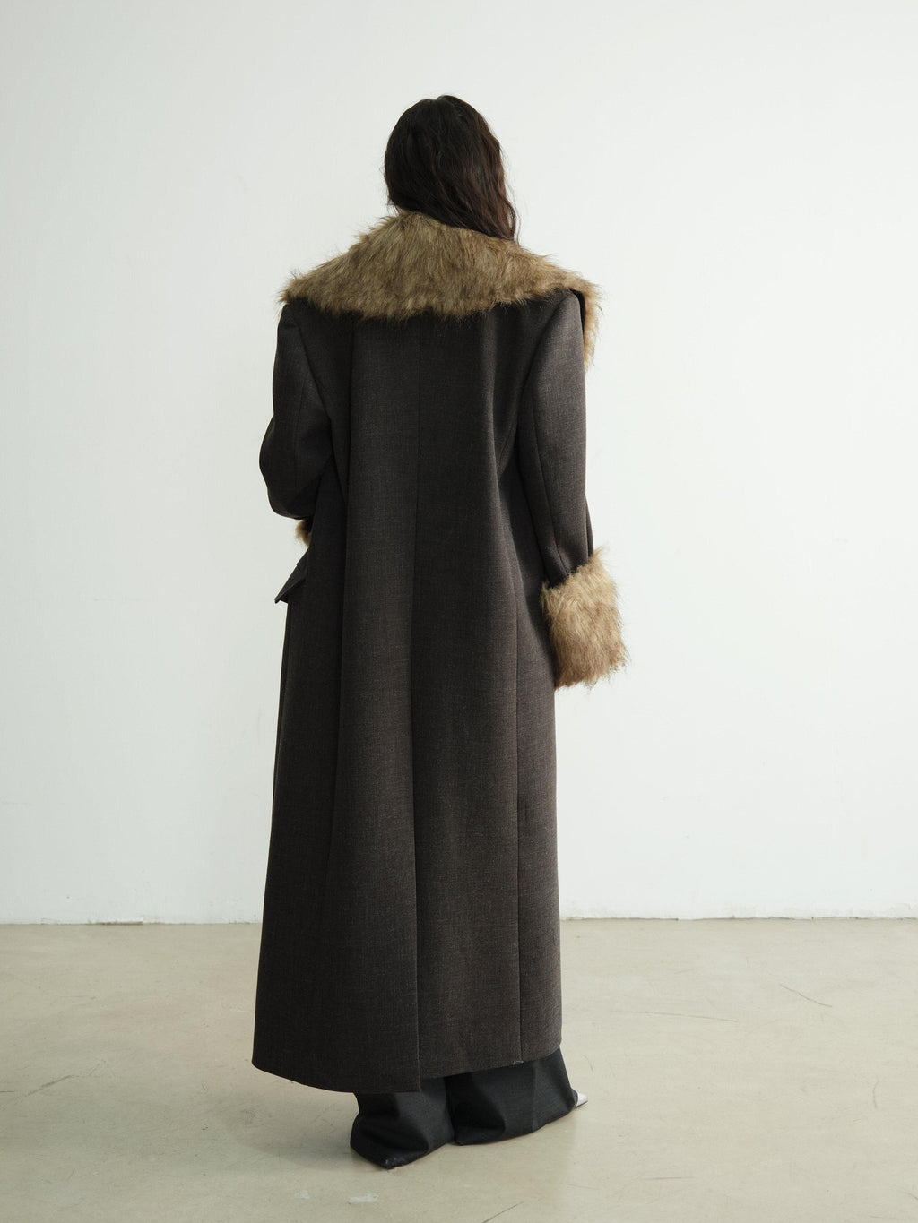 Jnylon studios Dark Gray Striped Removable Fur Collar Mid Length Women's Polyester Blazers