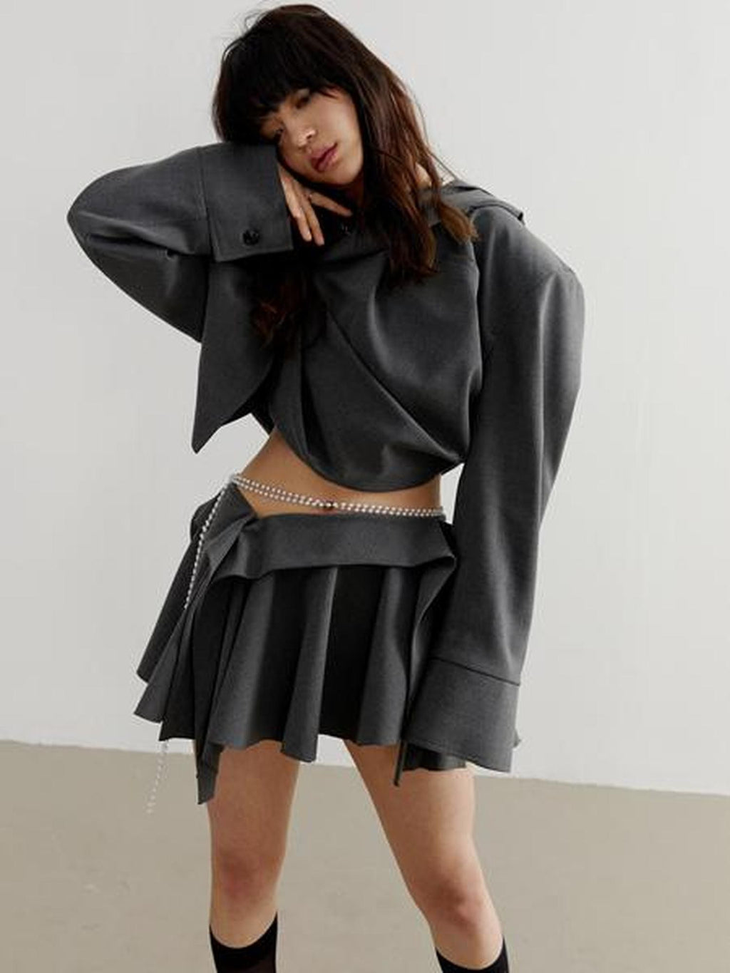 Jnylon studios Dark Gray Tailored Ruched Pleated Hooded Women's Cropped Jackets