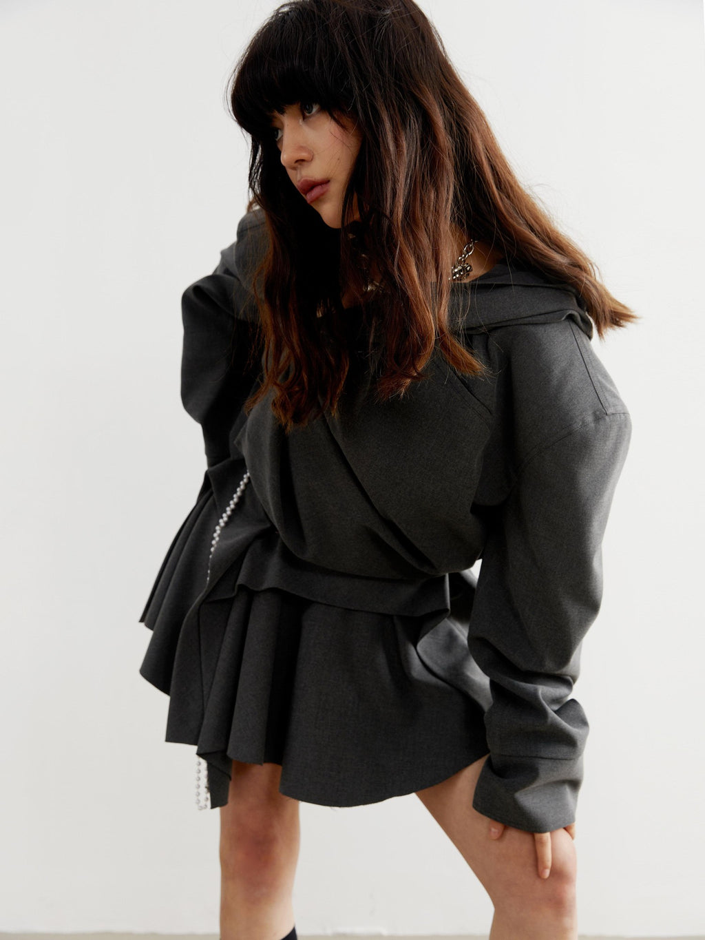 Jnylon studios Dark Gray Tailored Ruched Pleated Hooded Women's Cropped Jackets