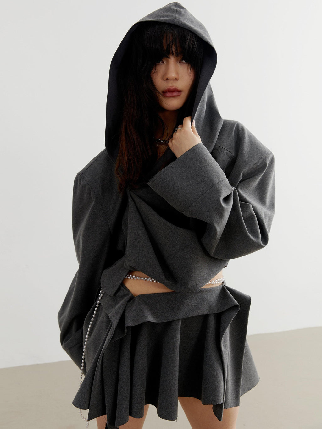 Jnylon studios Dark Gray Tailored Ruched Pleated Hooded Women's Cropped Jackets