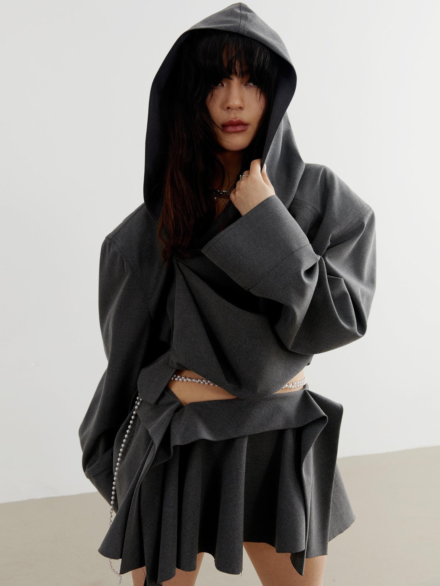 Jnylon studios Dark Gray Tailored Ruched Pleated Hooded Women's Cropped Jackets