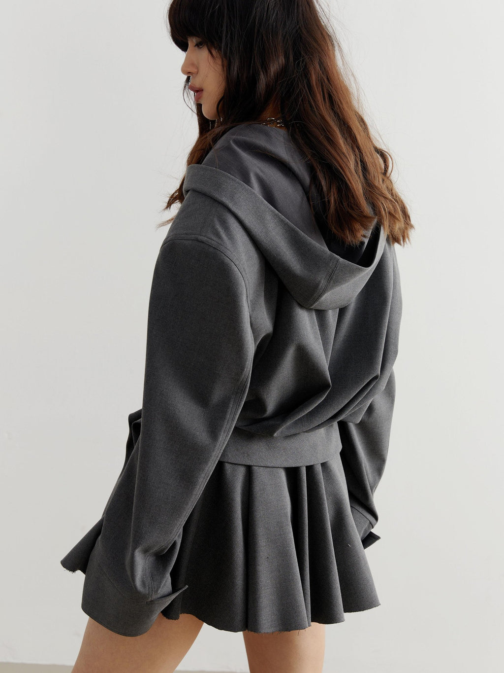 Jnylon studios Dark Gray Tailored Ruched Pleated Hooded Women's Cropped Jackets