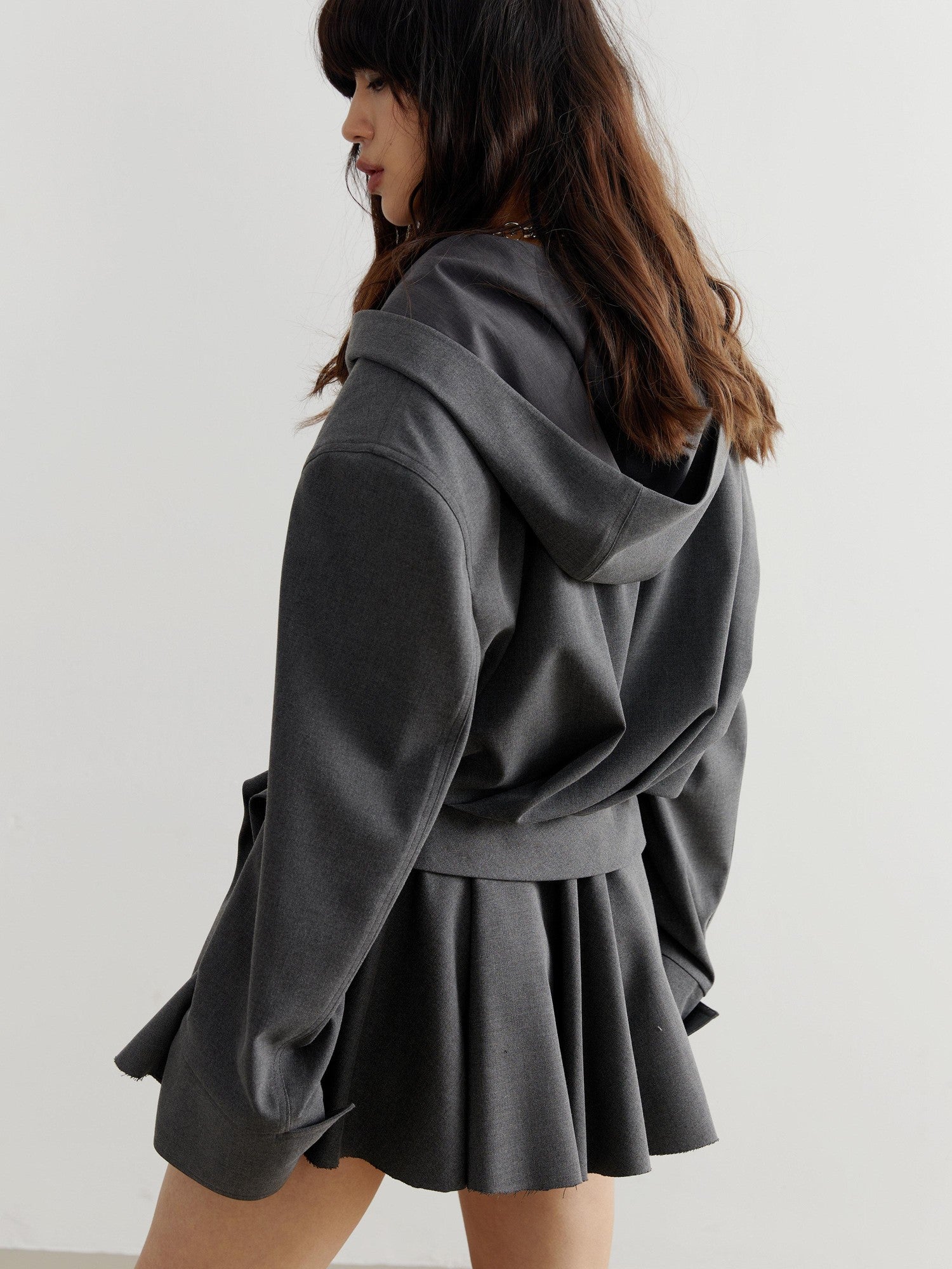 Jnylon studios Dark Gray Tailored Ruched Pleated Hooded Women's Cropped Jackets