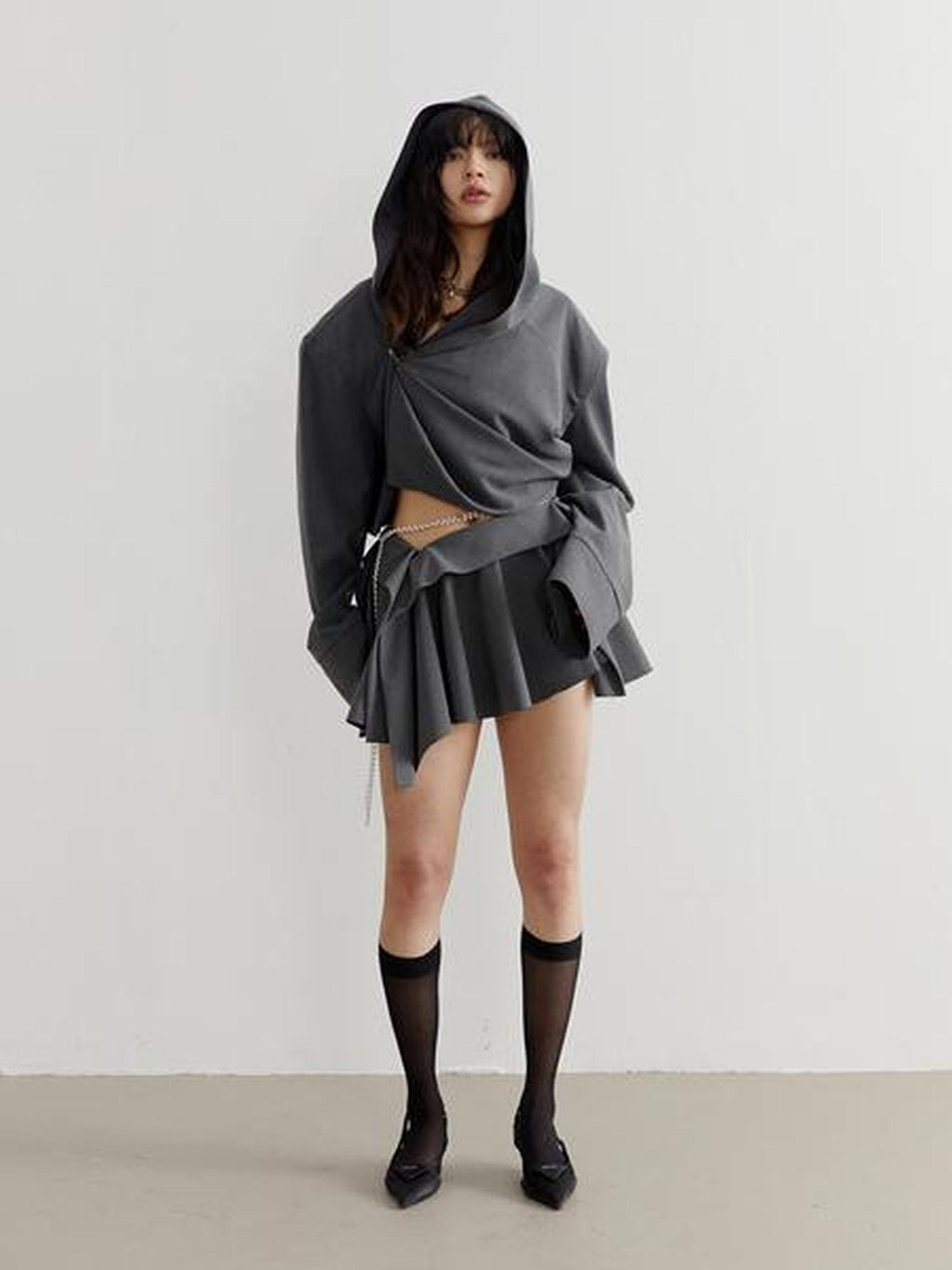 Jnylon studios Dark Gray Tailored Ruched Pleated Hooded Women's Cropped Jackets