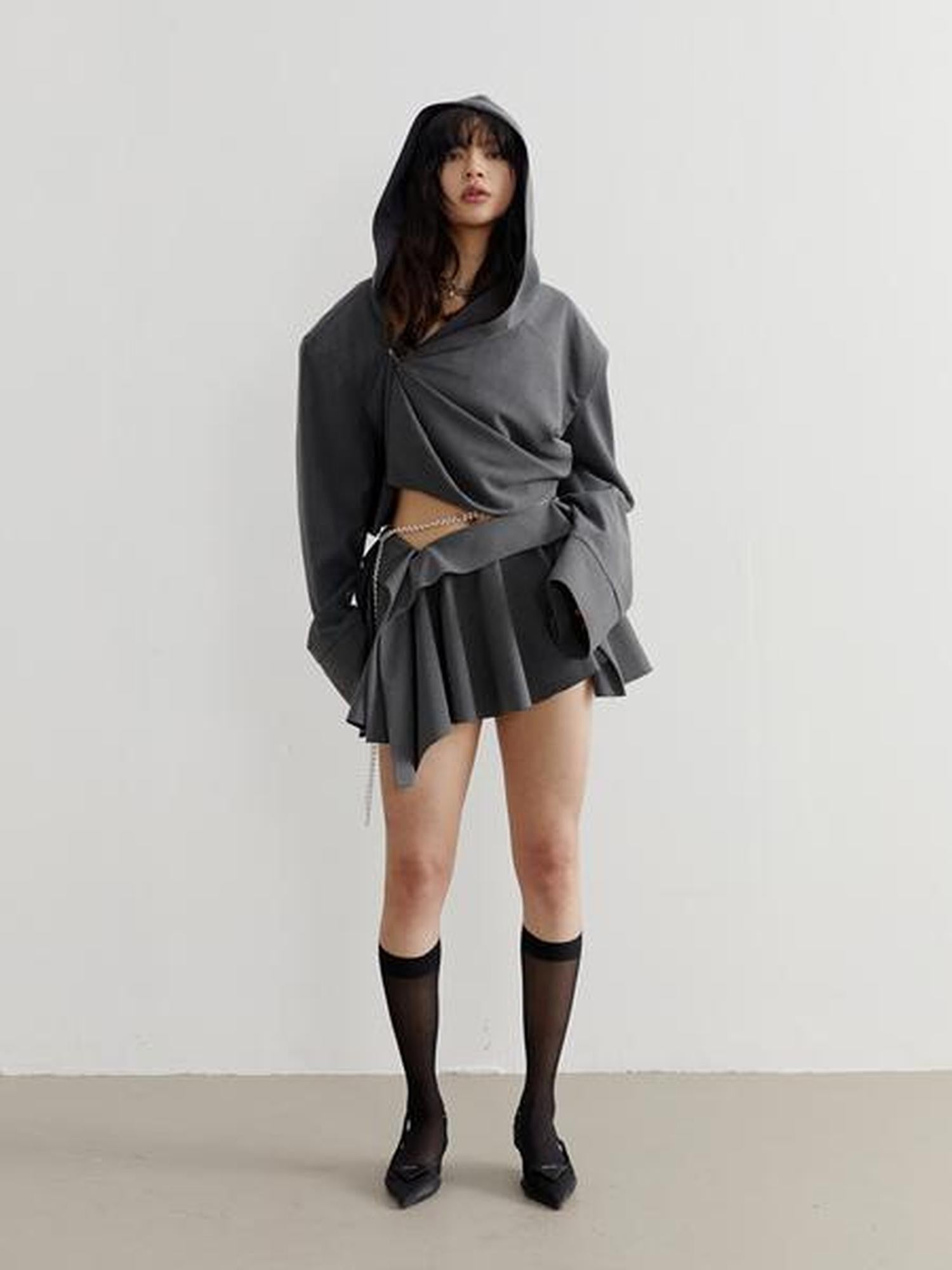 Jnylon studios Dark Gray Tailored Ruched Pleated Hooded Women's Cropped Jackets