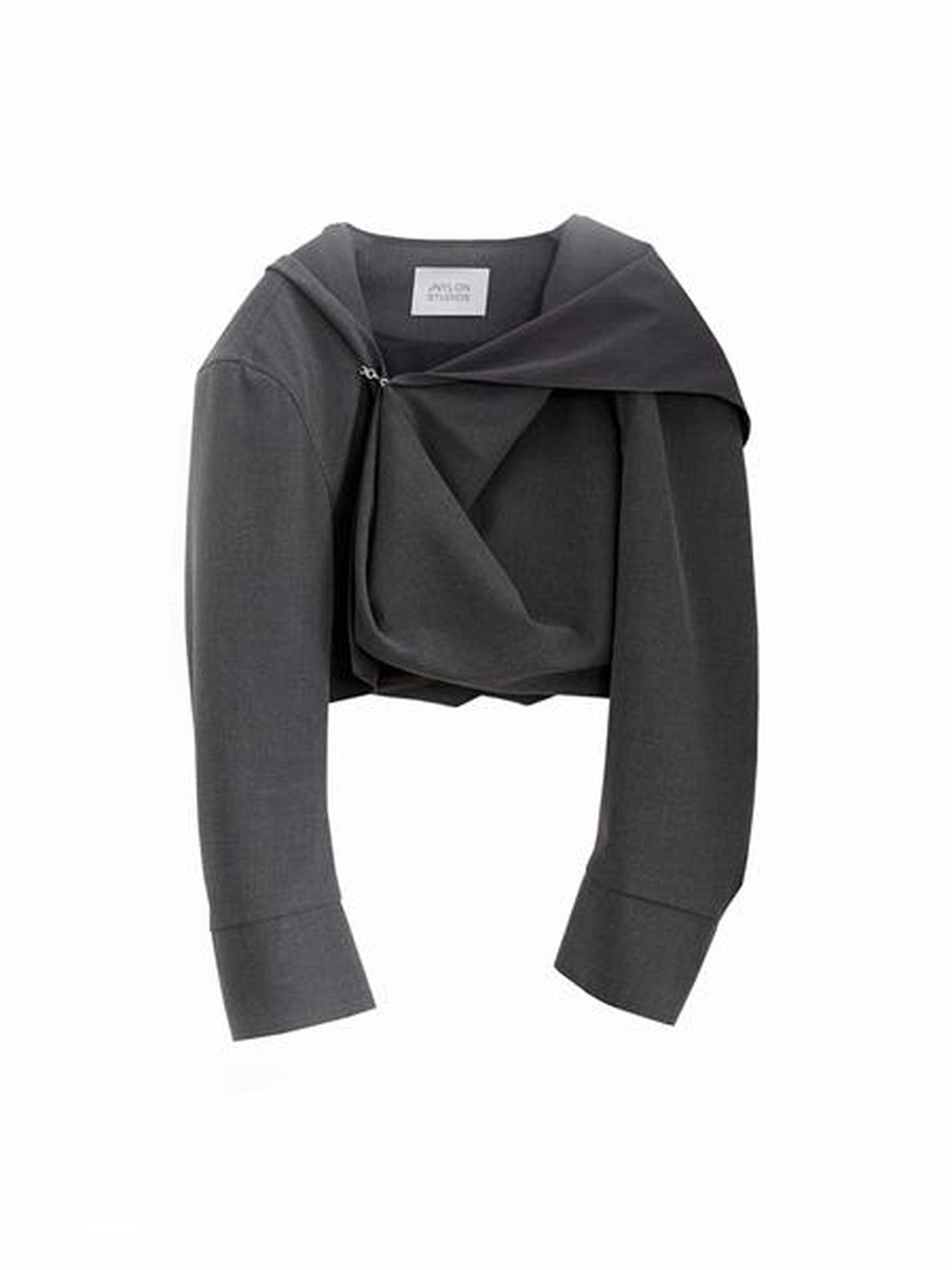 Jnylon studios Dark Gray Tailored Ruched Pleated Hooded Women's Cropped Jackets