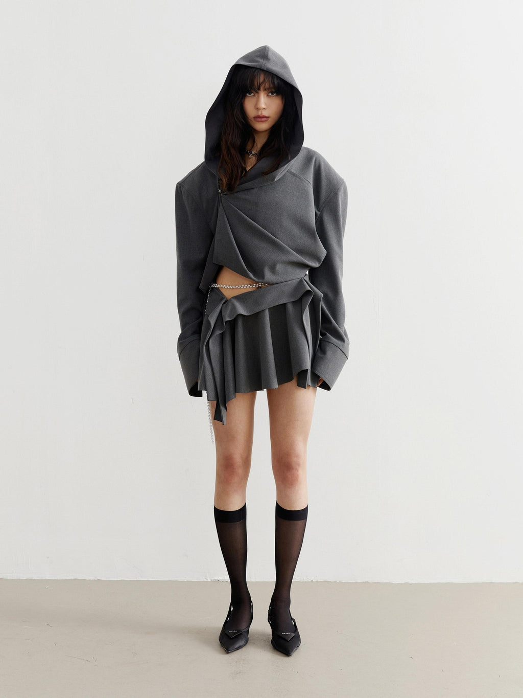 Jnylon studios Dark Gray Tailored Ruched Pleated Hooded Women's Cropped Jackets