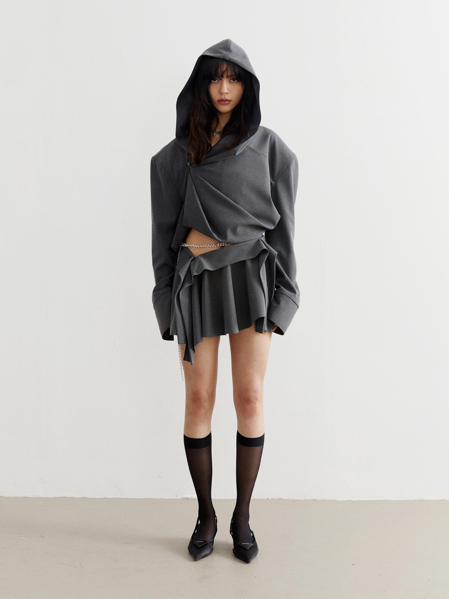 Jnylon studios Dark Gray Tailored Ruched Pleated Hooded Women's Cropped Jackets
