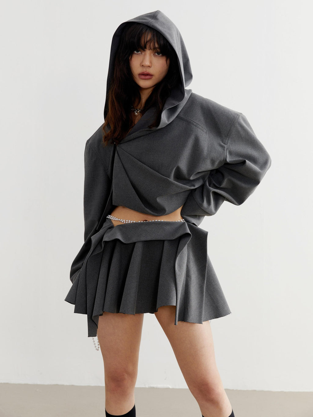 Jnylon studios Dark Gray Tailored Ruched Pleated Hooded Women's Cropped Jackets