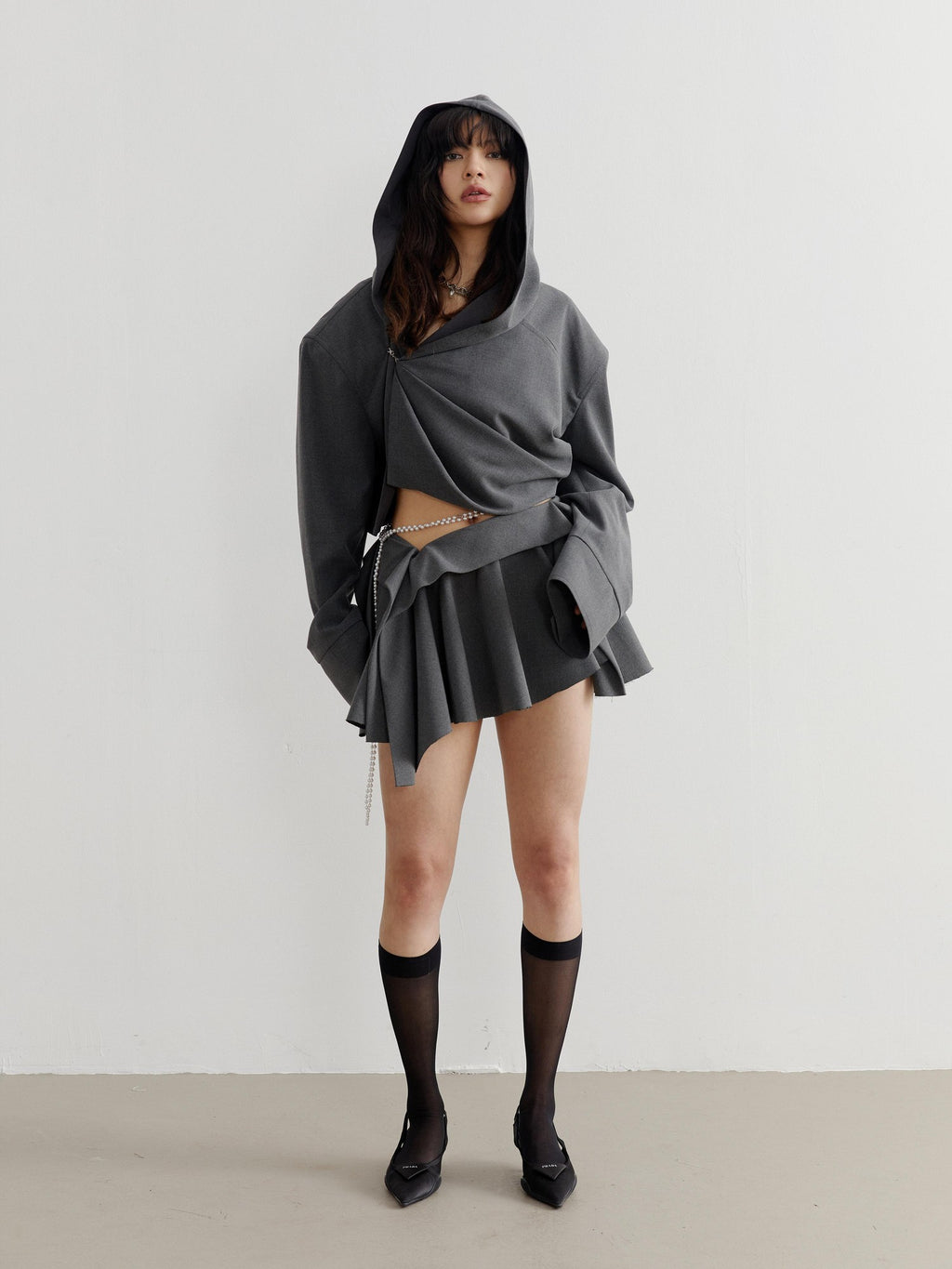 Jnylon studios Dark Gray Tailored Ruched Pleated Hooded Women's Cropped Jackets