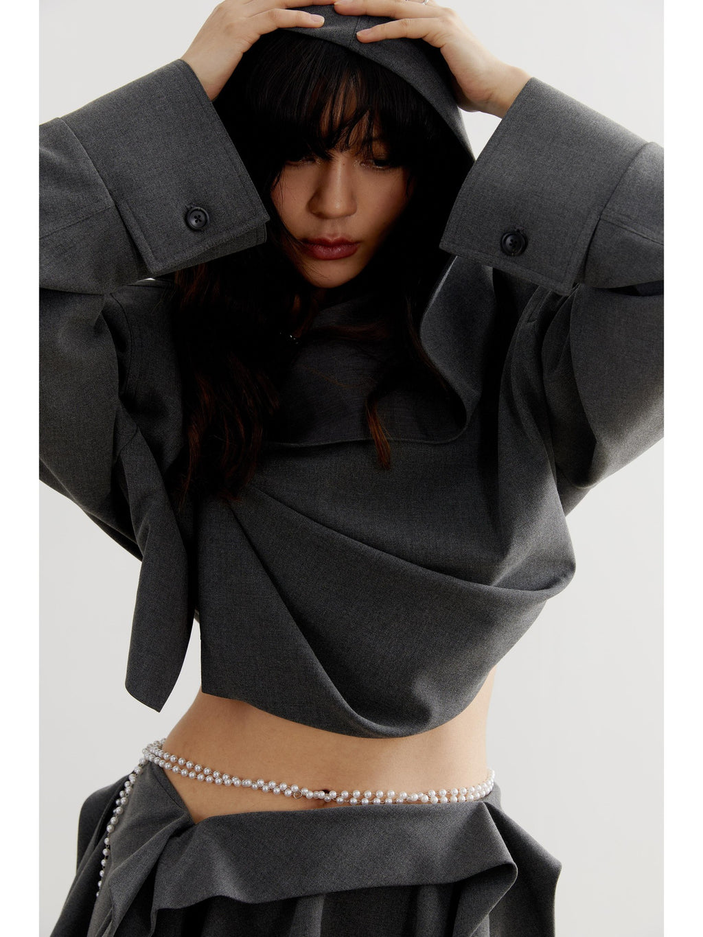 Jnylon studios Dark Gray Tailored Ruched Pleated Hooded Women's Cropped Jackets