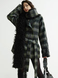 Jnylon studios Dark Retro Fuzzy Scarf Style Plaid Women's Wool Blend Belted Coats