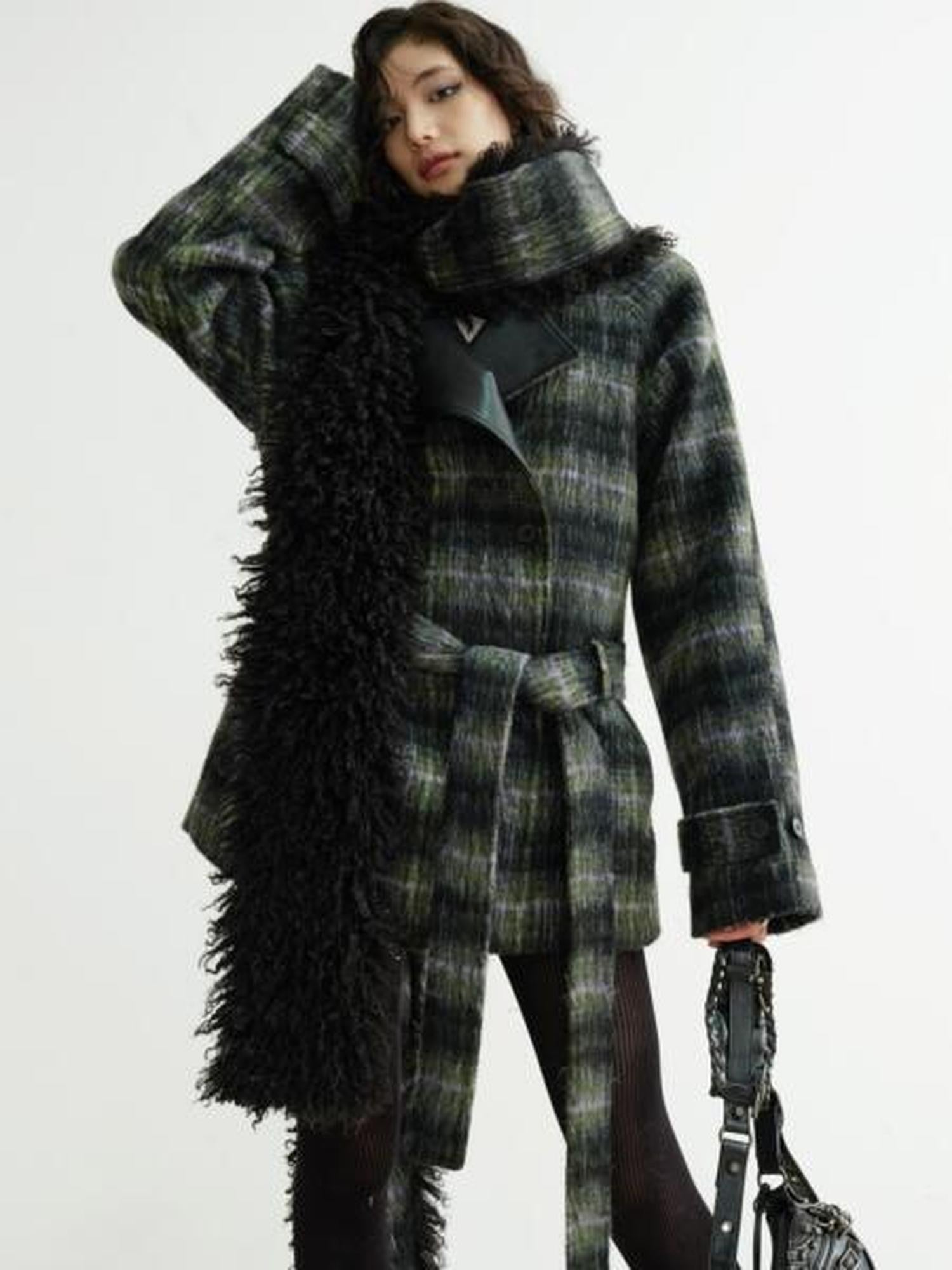 Jnylon studios Dark Retro Fuzzy Scarf Style Plaid Women's Wool Blend Belted Coats