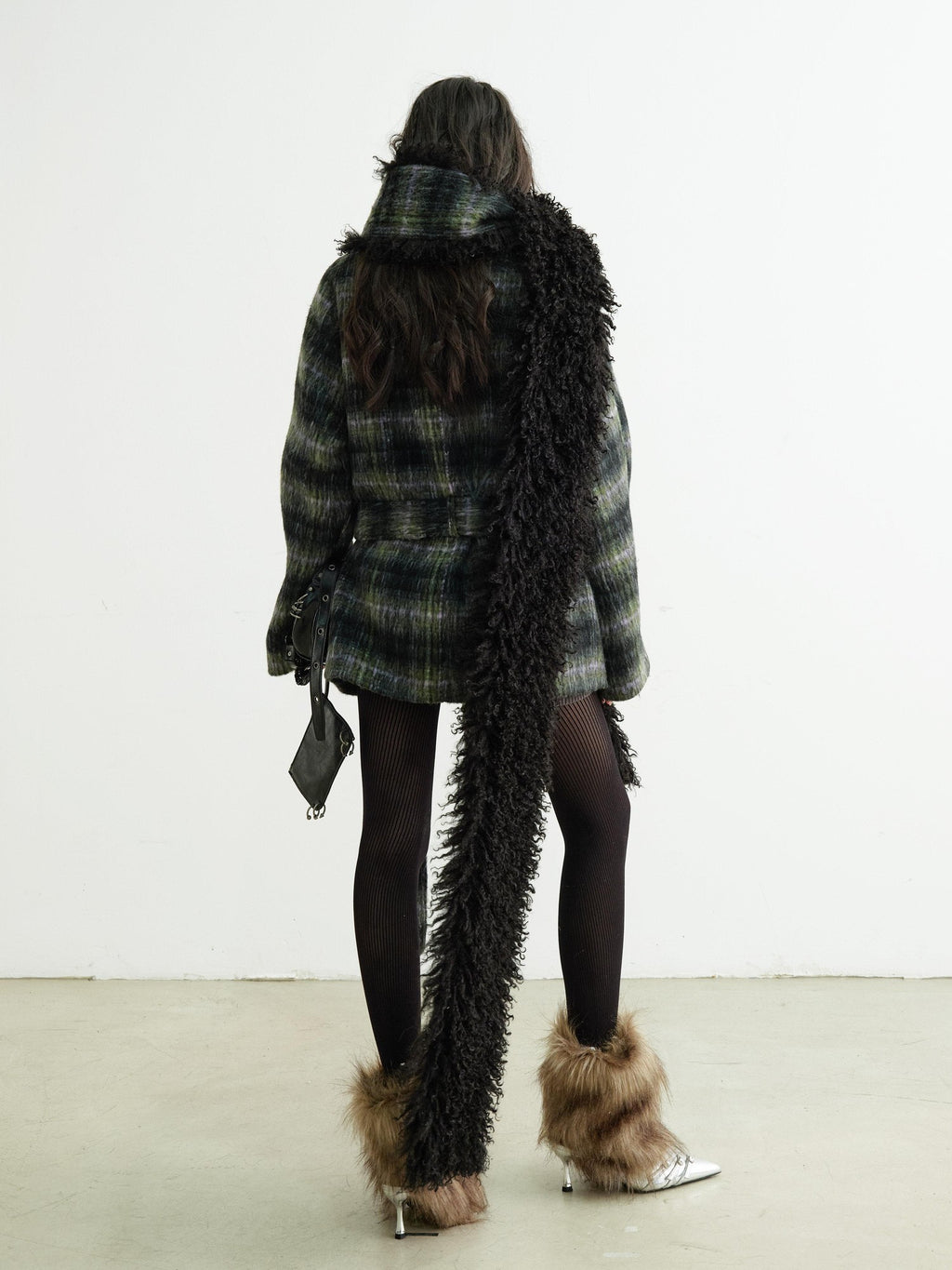 Jnylon studios Dark Retro Fuzzy Scarf Style Plaid Women's Wool Blend Belted Coats